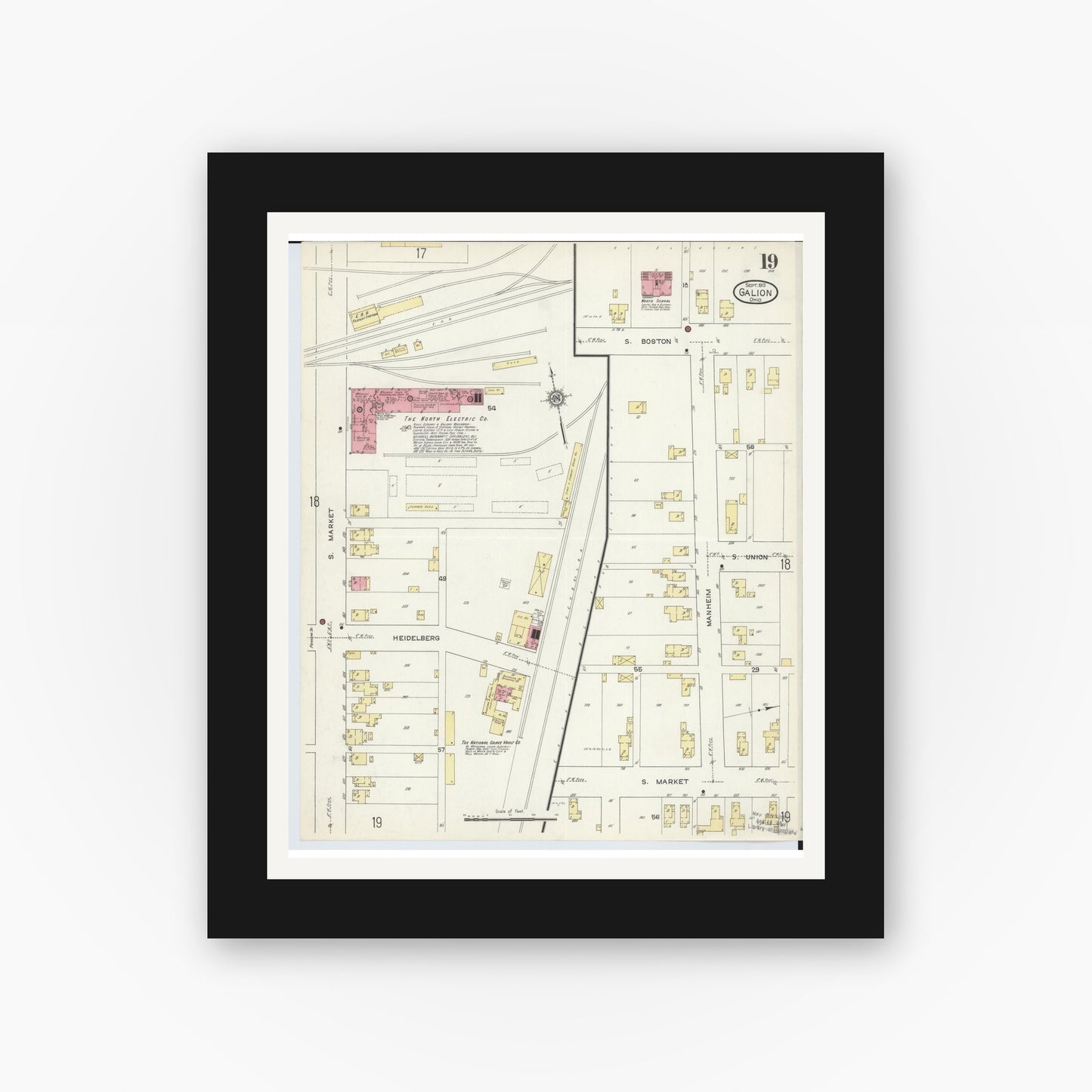 Old map wall art mockup — black gallery frame with white mat — Sanborn Fire Insurance Map from Galion, Crawford County, Ohio (1913), Sheet #0019