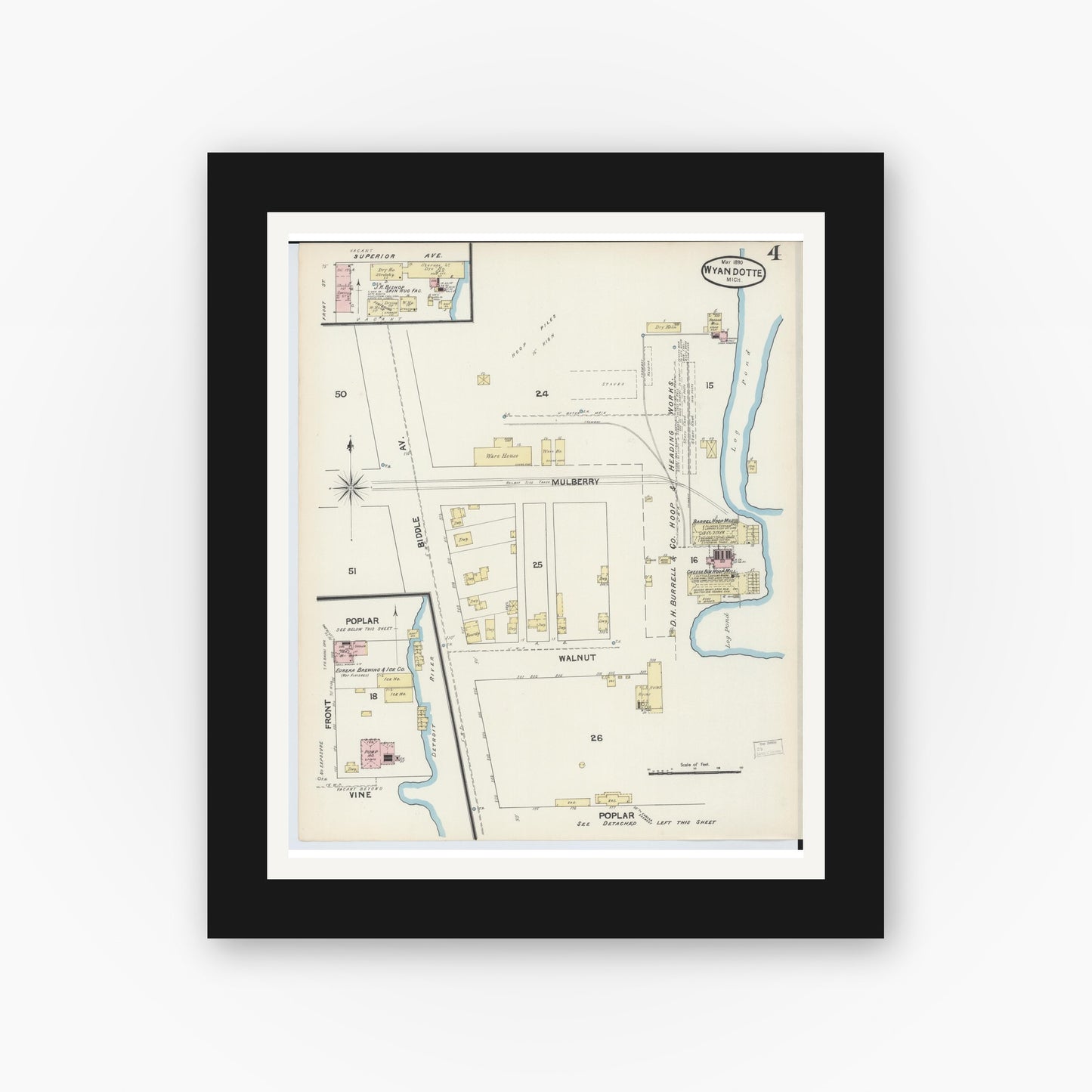 Old map wall art mockup — black gallery frame with white mat — Sanborn Fire Insurance Map from Wyandotte, Wayne County, Michigan (1890), Sheet #0004