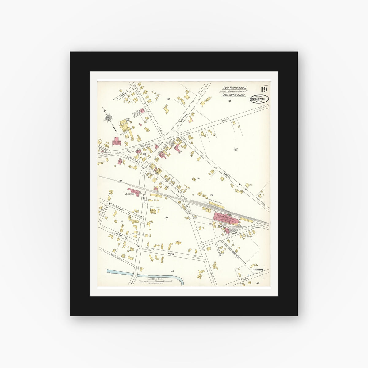 Old map wall art mockup — black gallery frame with white mat — Sanborn Fire Insurance Map from Bridgewater, Plymouth County, Massachusetts (1921), Sheet #0019