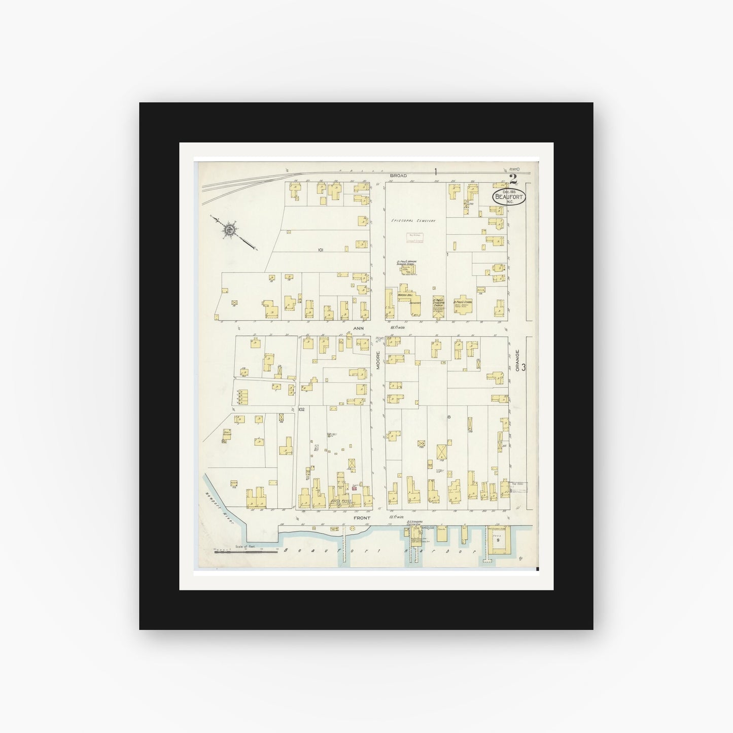 Old map wall art mockup — black gallery frame with white mat — Sanborn Fire Insurance Map from Beaufort, Carteret County, North Carolina (1913), Sheet #0002