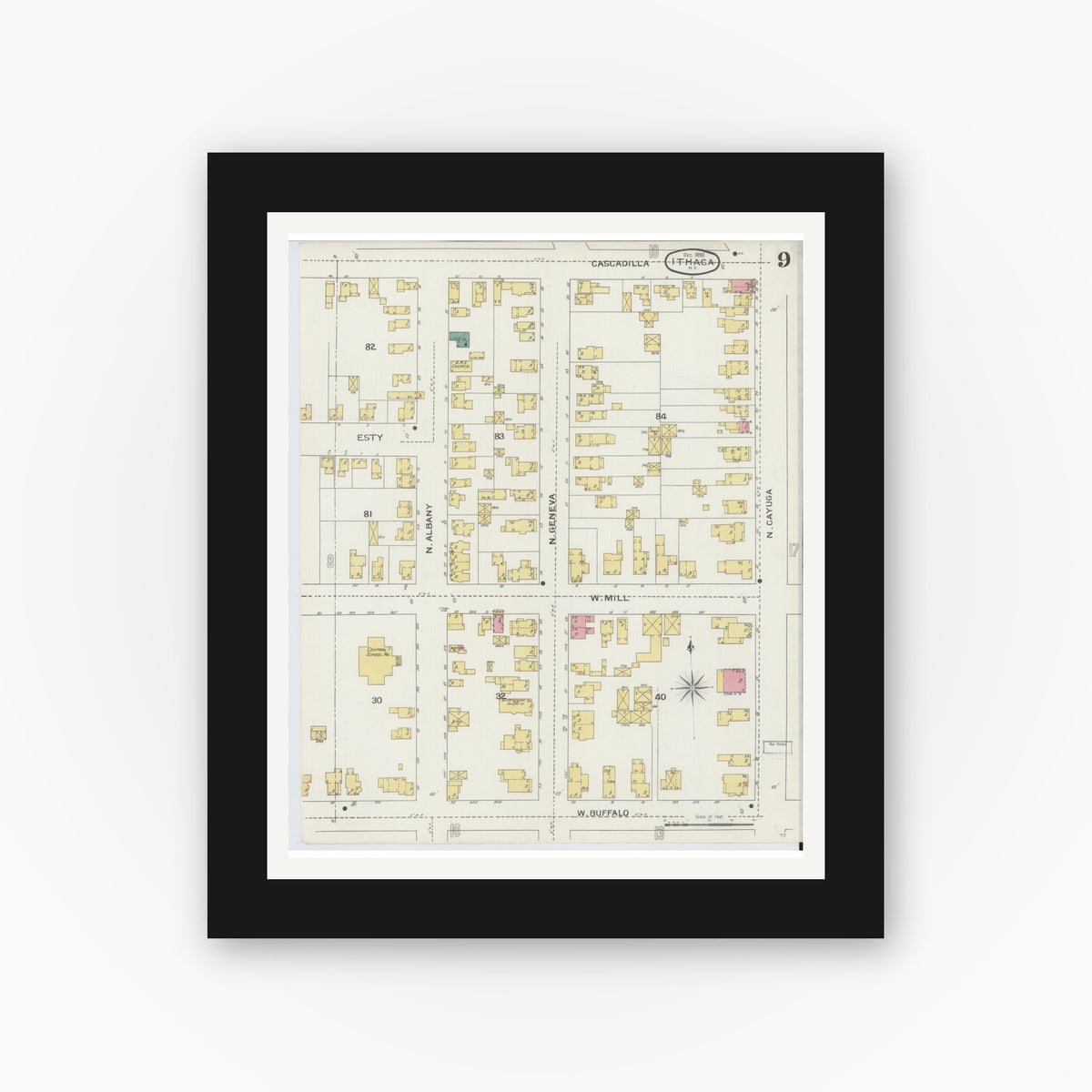 Old map wall art mockup — black gallery frame with white mat — Sanborn Fire Insurance Map from Ithaca, Tompkins County, New York (1893), Sheet #0009