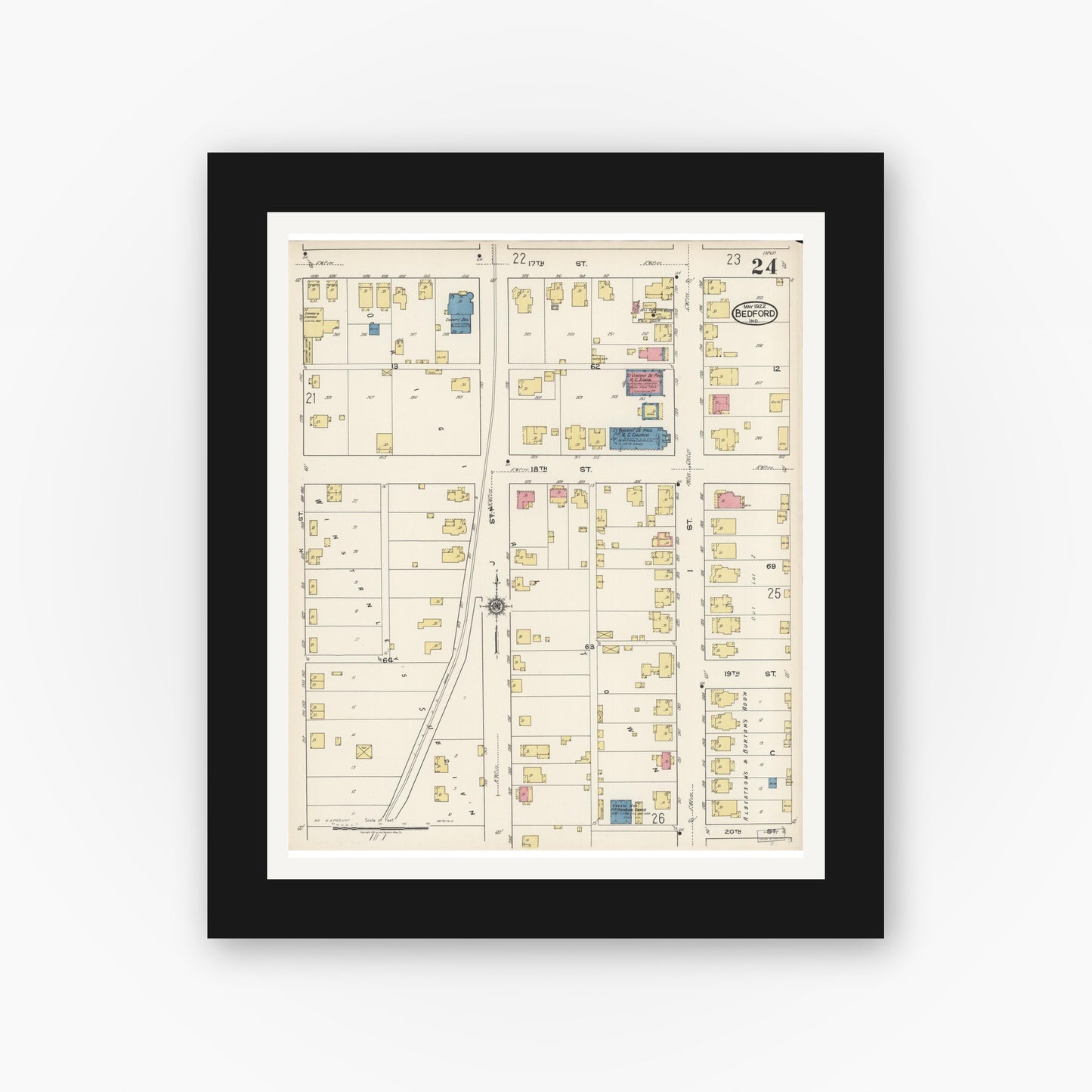 Old map wall art mockup — black gallery frame with white mat — Sanborn Fire Insurance Map from Bedford, Lawrence County, Indiana (1922), Sheet #0024