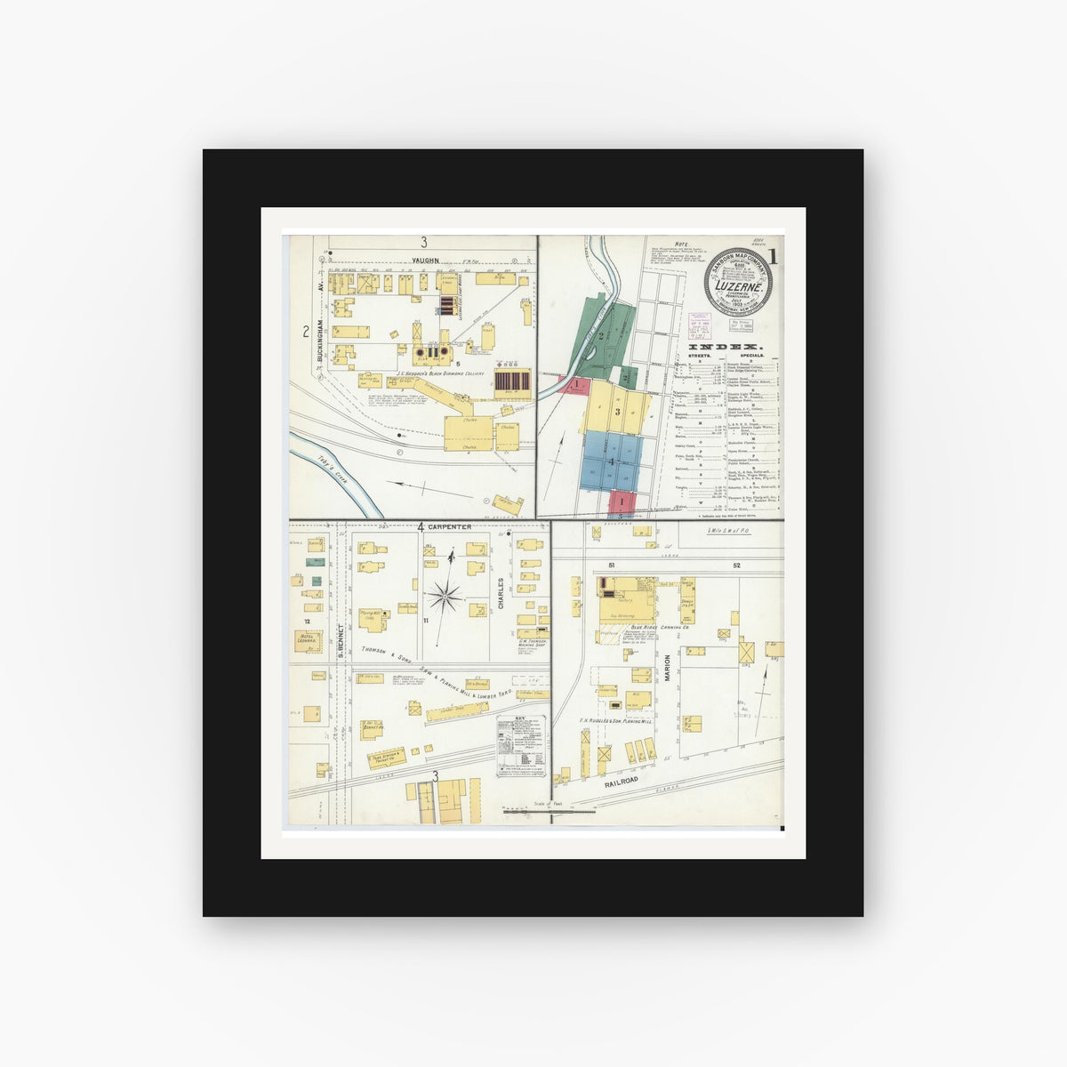 Old map wall art mockup — black gallery frame with white mat — Sanborn Fire Insurance Map from Luzerne, Luzerne County, Pennsylvania (1903), Sheet #0001