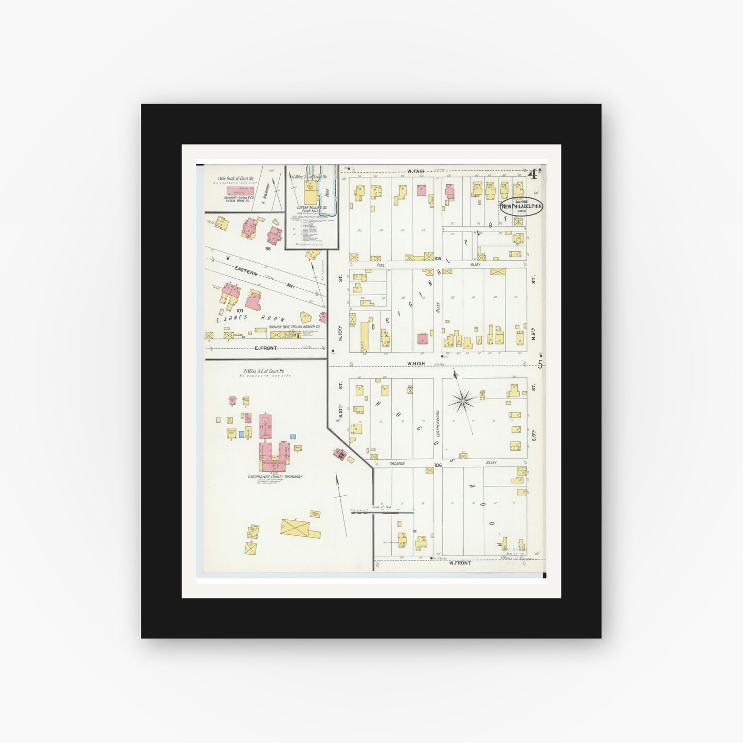 Old map wall art mockup — black gallery frame with white mat — Sanborn Fire Insurance Map from New Philadelphia, Tuscarawas County, Ohio (1901), Sheet #0004