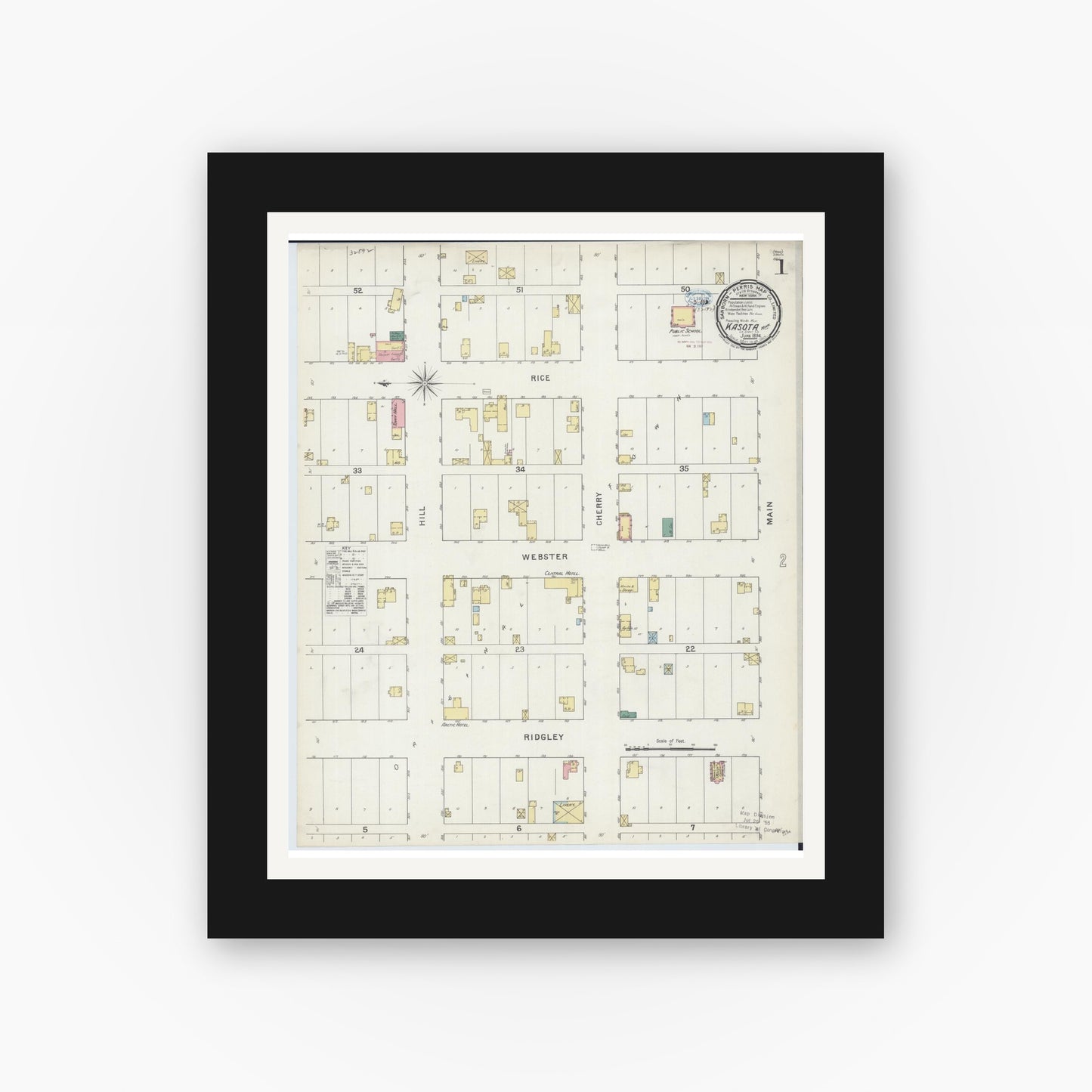 Old map wall art mockup — black gallery frame with white mat — Sanborn Fire Insurance Map from Kasota, Le Sueur County, Minnesota (1894) - Complete Map Set