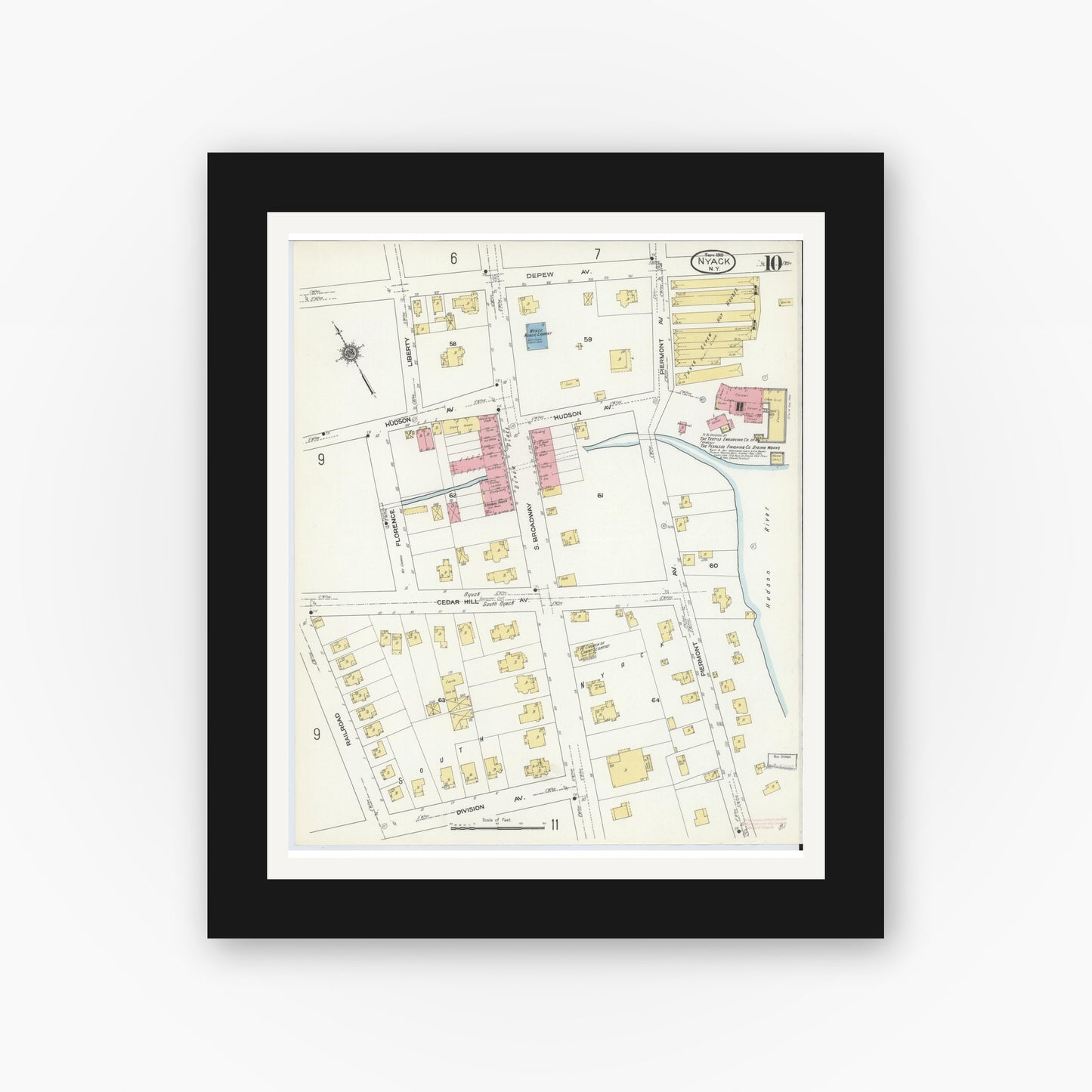 Old map wall art mockup — black gallery frame with white mat — Sanborn Fire Insurance Map from Nyack, Rockland County, New York. (1910), Sheet #0010