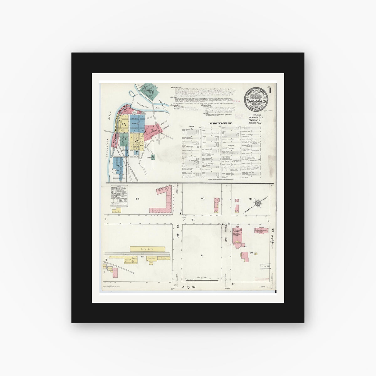 Old map wall art mockup — black gallery frame with white mat — Sanborn Fire Insurance Map from Turners Falls, Franklin County, Massachusetts (1909), Sheet #0001