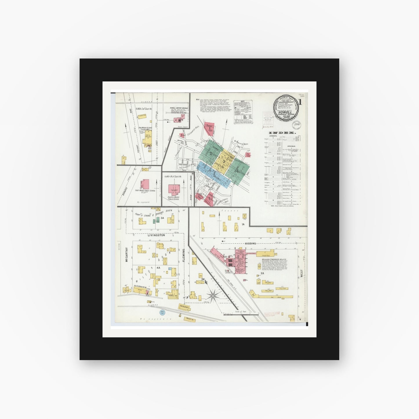 Old map wall art mockup — black gallery frame with white mat — Sanborn Fire Insurance Map from Howell, Livingston County, Michigan (1899) - Complete Map Set