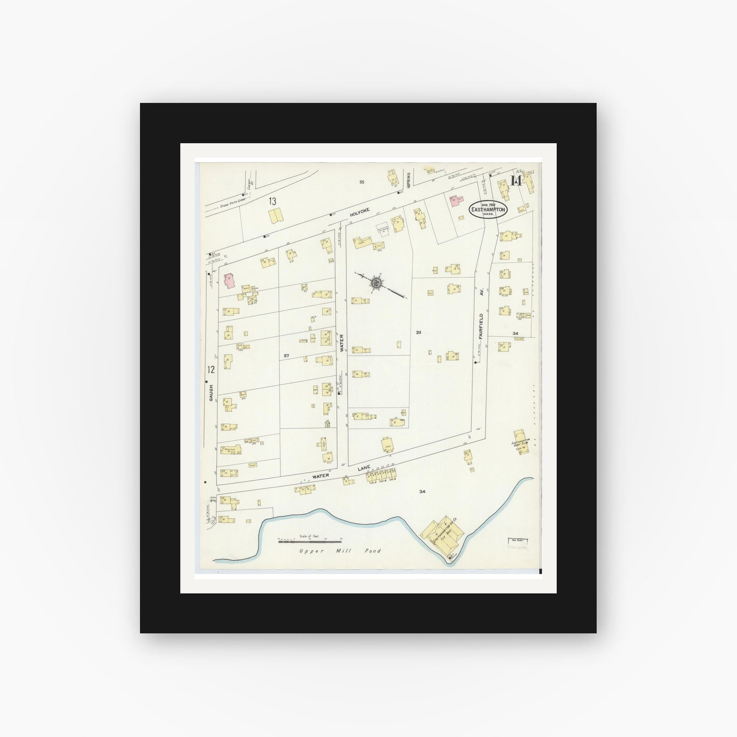 Old map wall art mockup — black gallery frame with white mat — Sanborn Fire Insurance Map from East Hampton, Hampshire County, Massachusetts (1910), Sheet #0014