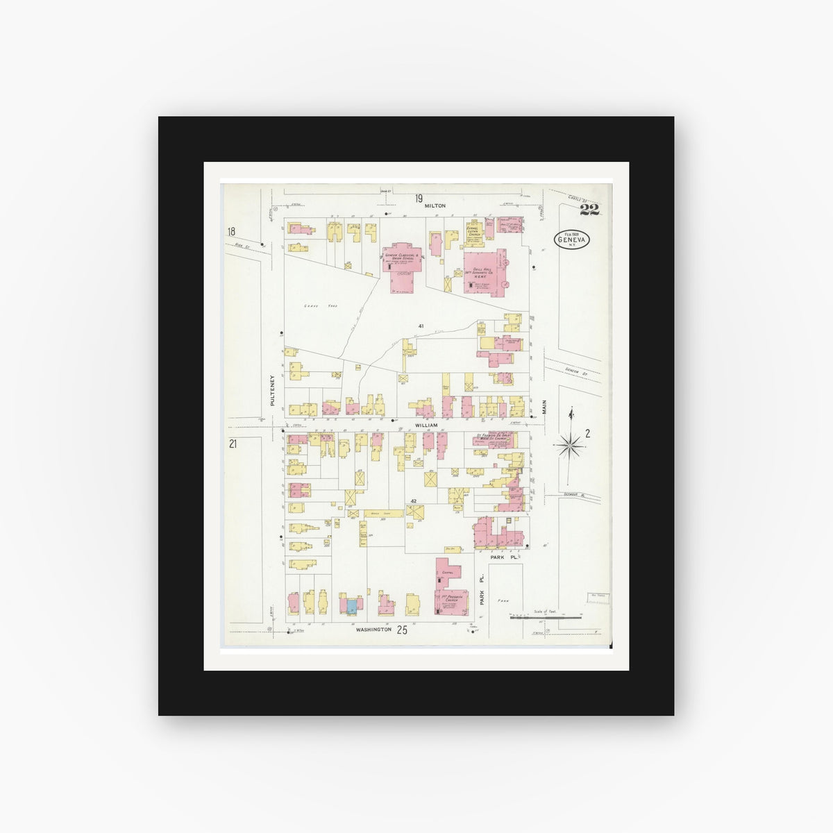 Old map wall art mockup — black gallery frame with white mat — Sanborn Fire Insurance Map from Geneva, Ontario County, New York (1909), Sheet #0022