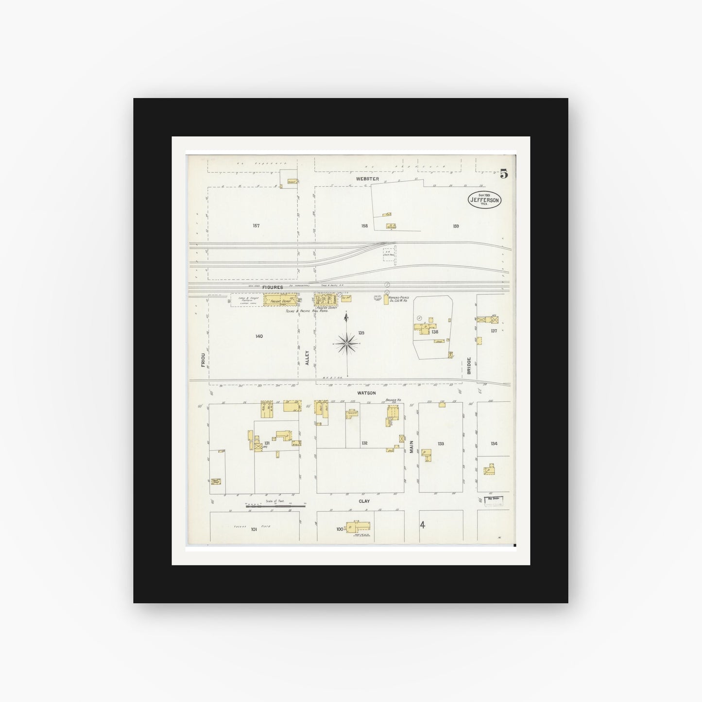 Old map wall art mockup — black gallery frame with white mat — Sanborn Fire Insurance Map from Jefferson, Marion County, Texas (1901), Sheet #0005