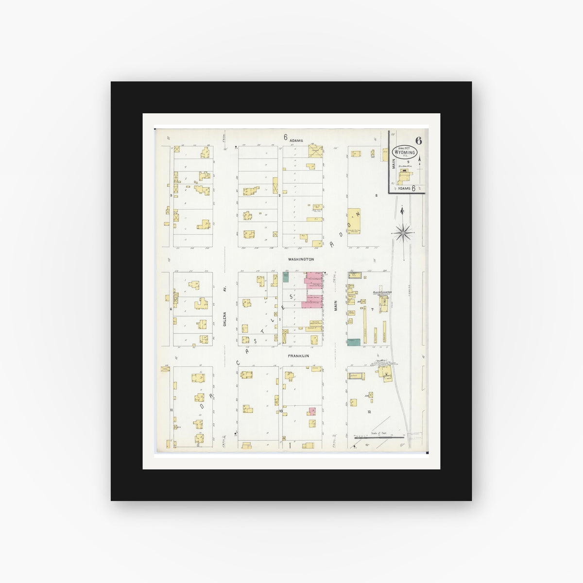 Old map wall art mockup — black gallery frame with white mat — Sanborn Fire Insurance Map from Wyoming, Stark County, Illinois (1907), Sheet #0006