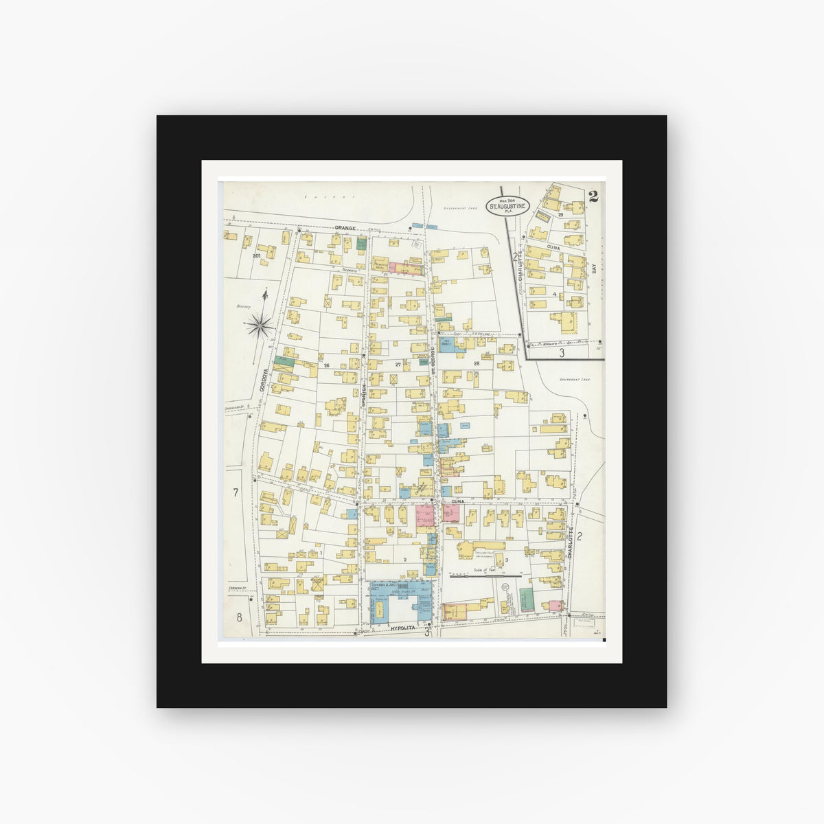 Old map wall art mockup — black gallery frame with white mat — Sanborn Fire Insurance Map from Saint Augustine, Saint John's County, Florida (1904), Sheet #0002