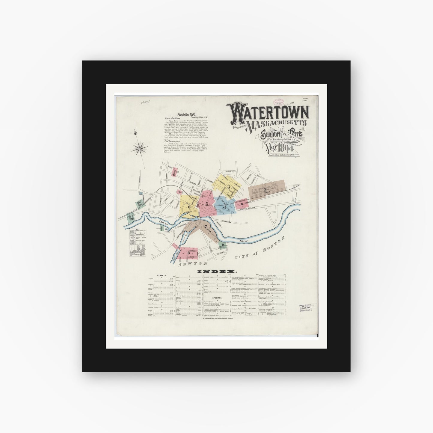 Old map wall art mockup — black gallery frame with white mat — Sanborn Fire Insurance Map from Watertown, Middlesex County, Massachusetts (1894) - Complete Map Set