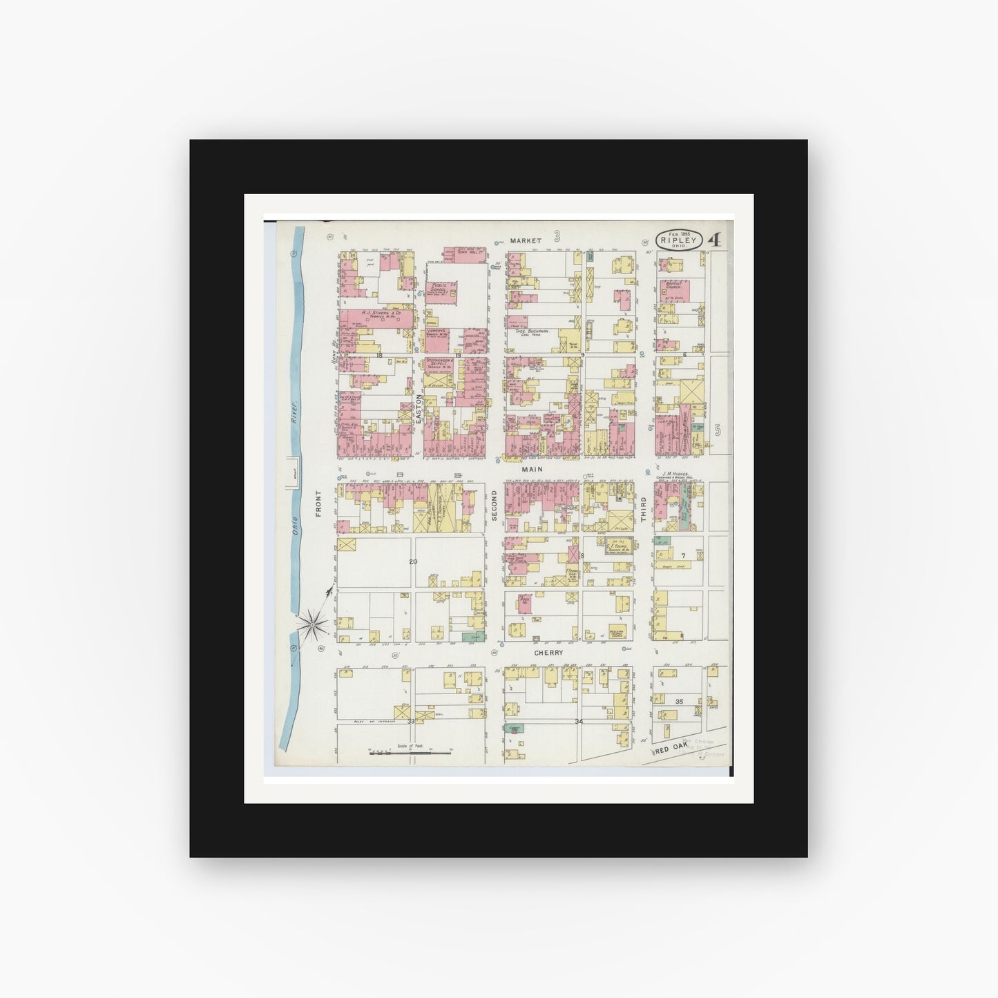 Old map wall art mockup — black gallery frame with white mat — Sanborn Fire Insurance Map from Ripley, Brown County, Ohio (1895), Sheet #0004