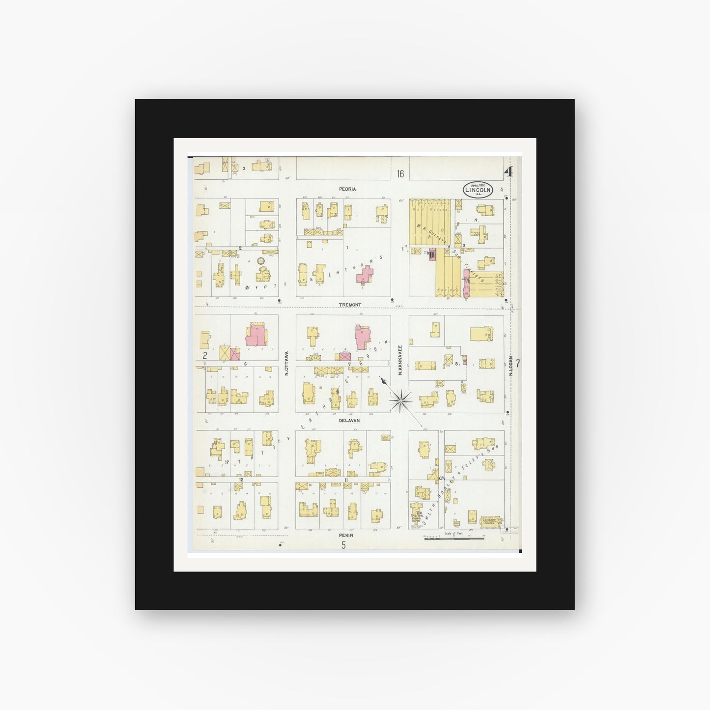 Old map wall art mockup — black gallery frame with white mat — Sanborn Fire Insurance Map from Lincoln, Logan County, Illinois (1902), Sheet #0004