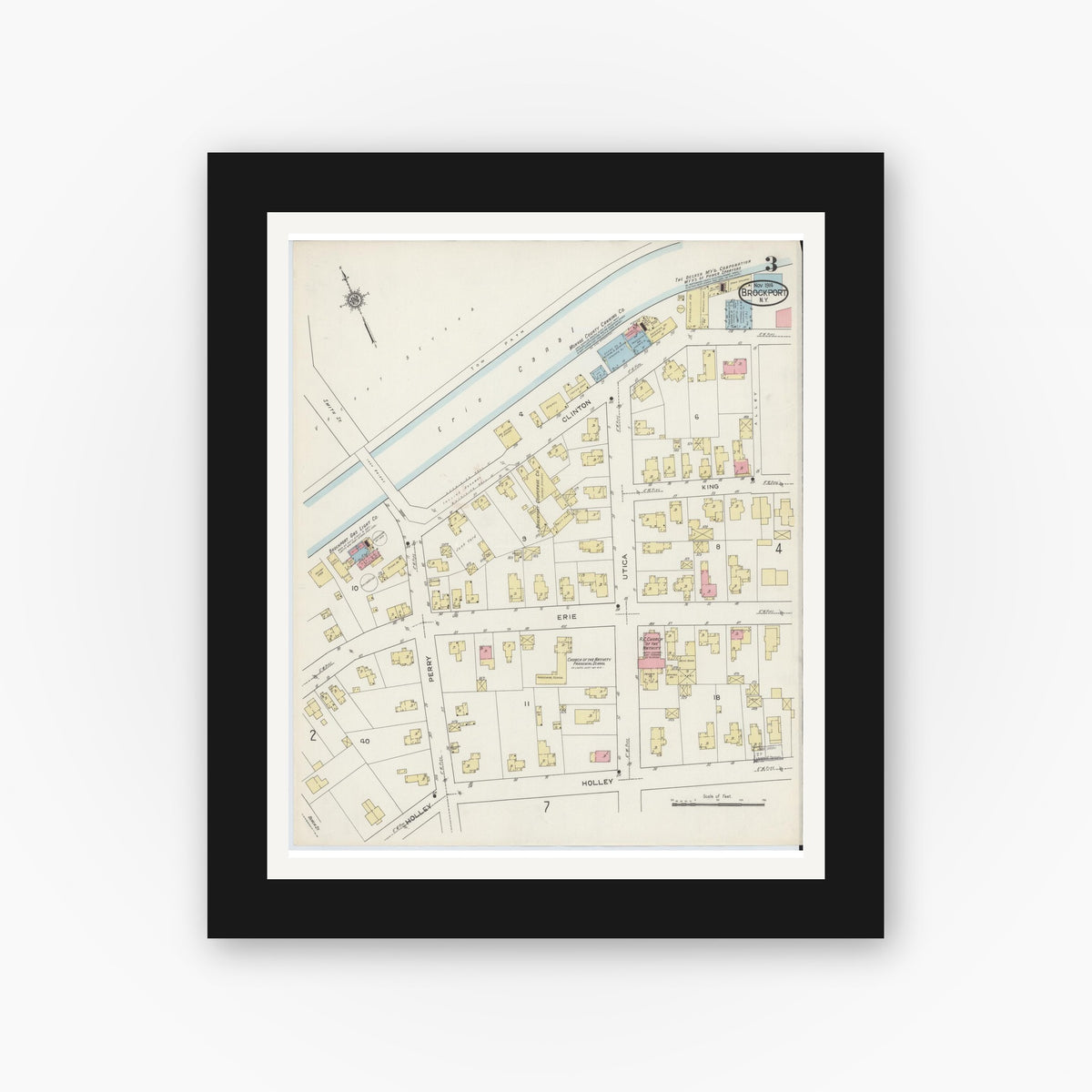 Old map wall art mockup — black gallery frame with white mat — Sanborn Fire Insurance Map from Brockport, Monroe County, New York (1914), Sheet #0003