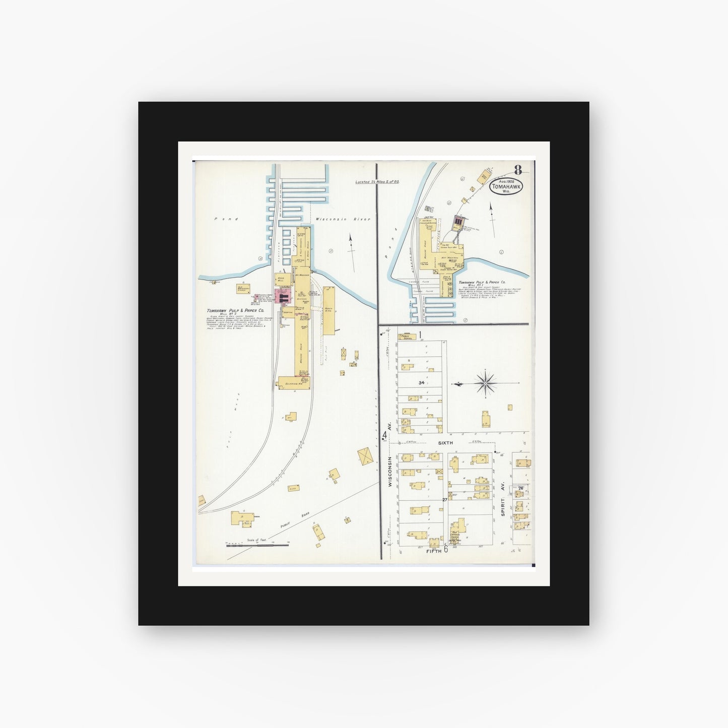 Old map wall art mockup — black gallery frame with white mat — Sanborn Fire Insurance Map from Tomahawk, Lincoln County, Wisconsin (1908), Sheet #0008