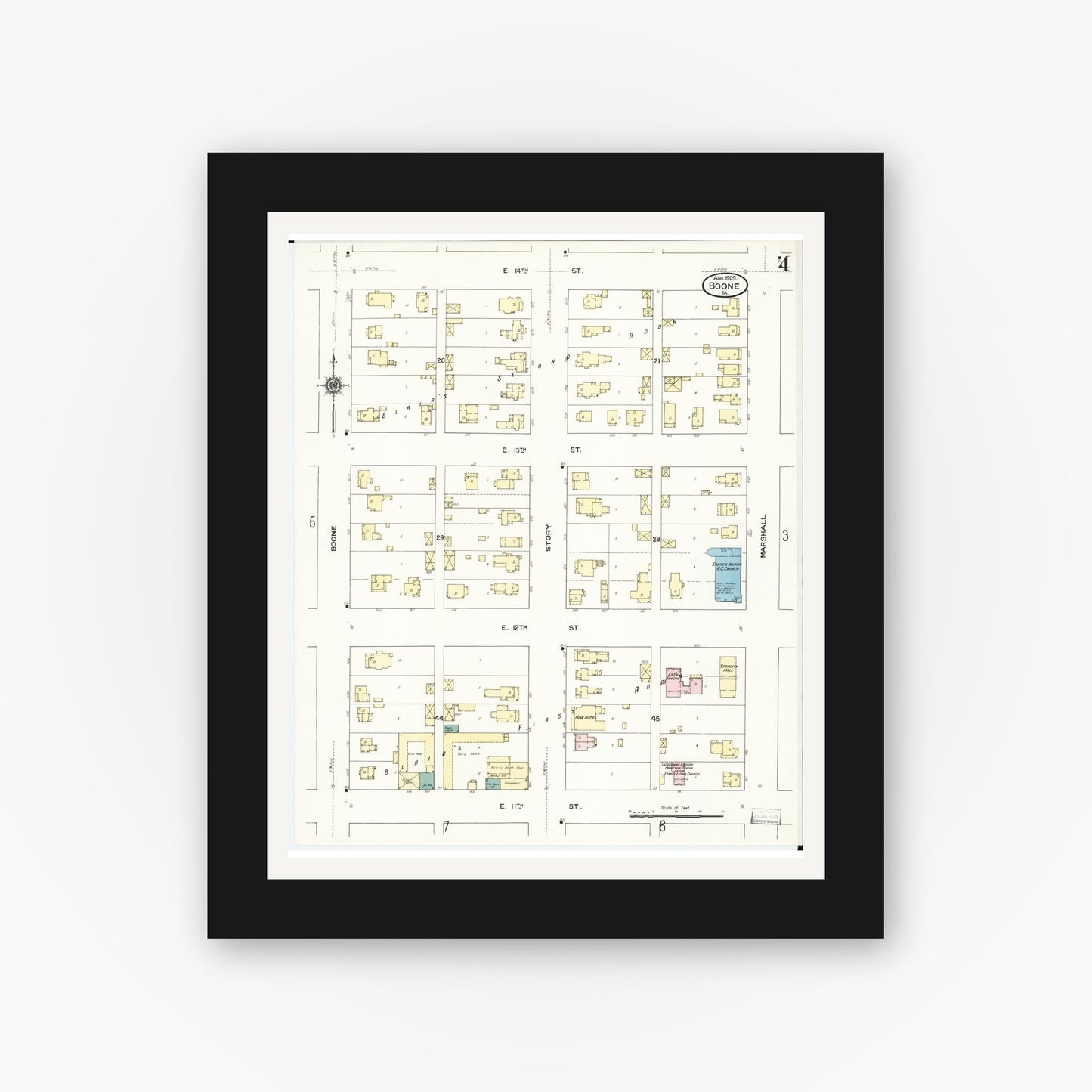 Old map wall art mockup — black gallery frame with white mat — Sanborn Fire Insurance Map from Boone, Boone County, Iowa (1909), Sheet #0004