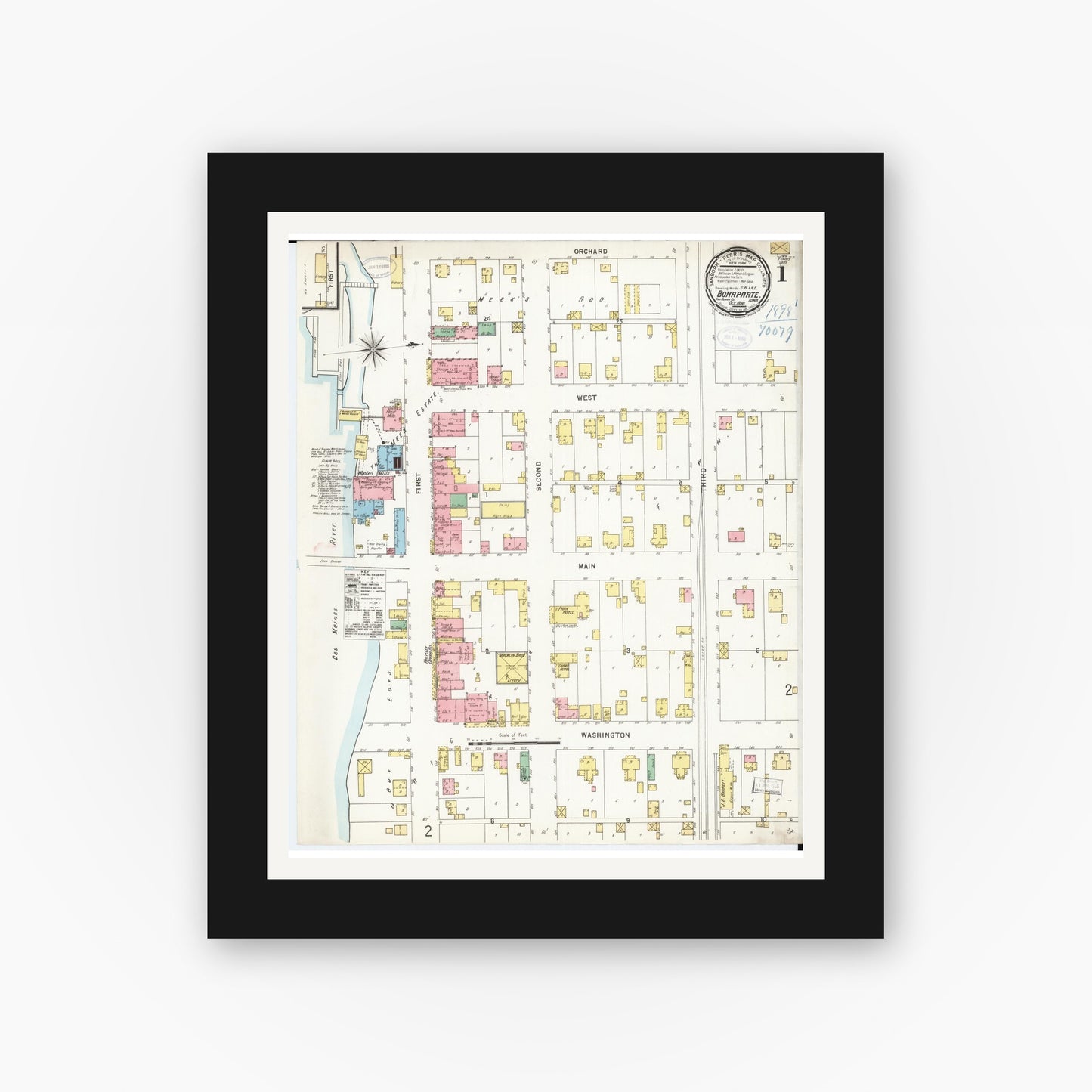 Old map wall art mockup — black gallery frame with white mat — Sanborn Fire Insurance Map from Bonaparte, Van Buren County, Iowa (1898) — Complete Set