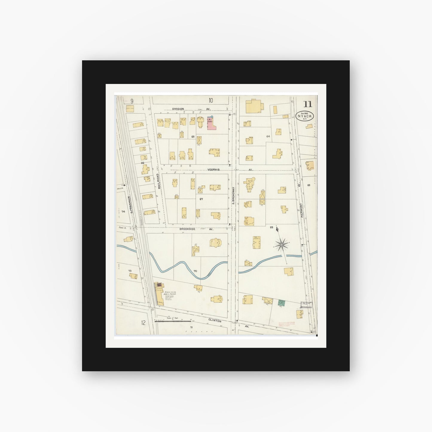 Old map wall art mockup — black gallery frame with white mat — Sanborn Fire Insurance Map from Nyack, Rockland County, New York. (1903), Sheet #0011