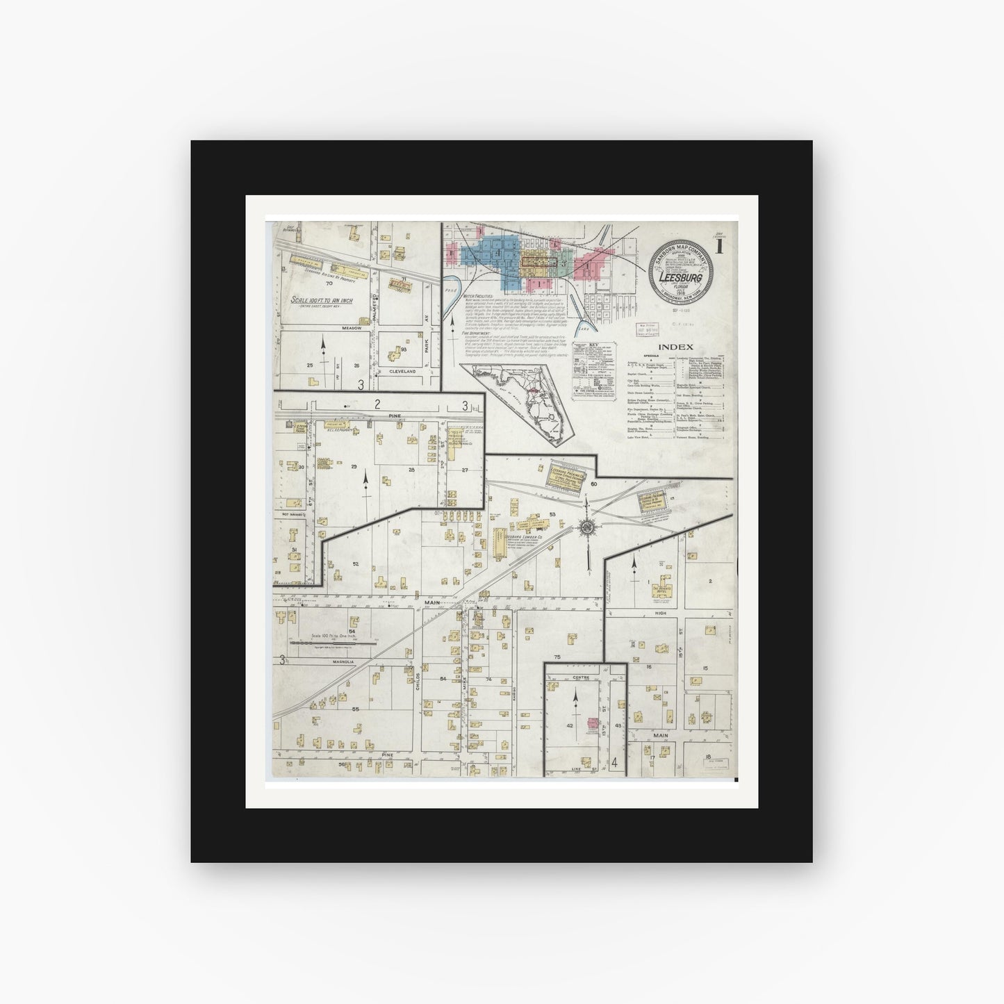 Old map wall art mockup — black gallery frame with white mat — Sanborn Fire Insurance Map from Leesburg, Lake County, Florida (1918), Sheet #0001