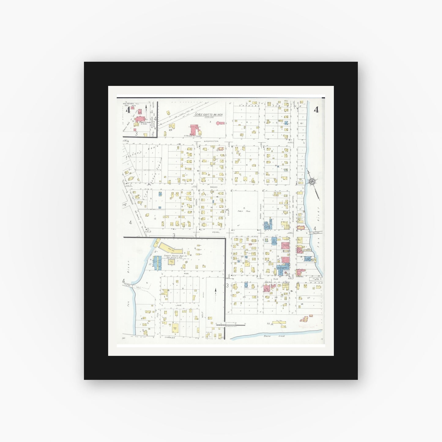 Old map wall art mockup — black gallery frame with white mat — Sanborn Fire Insurance Map from McHenry, McHenry County, Illinois (1933), Sheet #0004