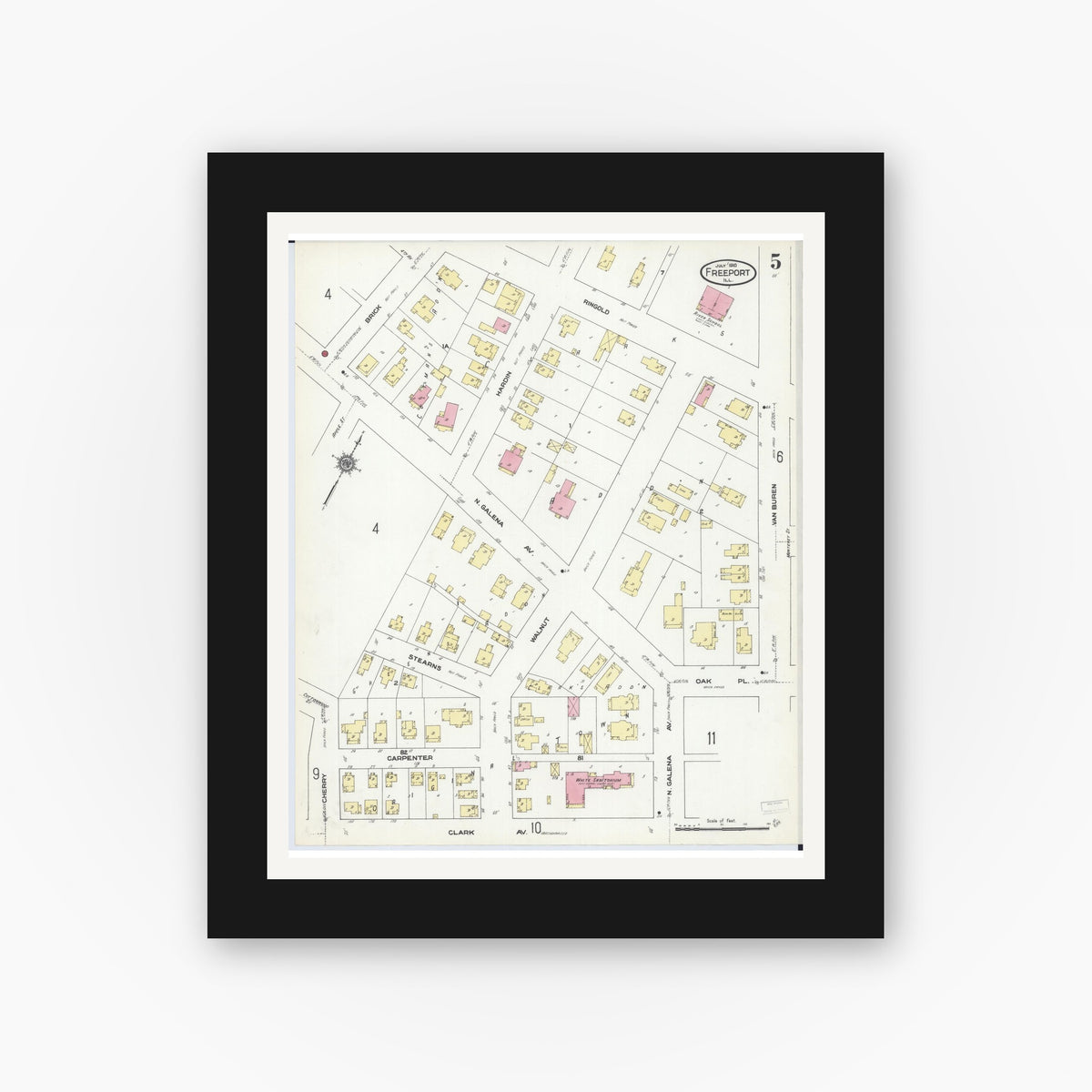 Old map wall art mockup — black gallery frame with white mat — Sanborn Fire Insurance Map from Freeport, Stephenson County, Illinois (1910), Sheet #0005