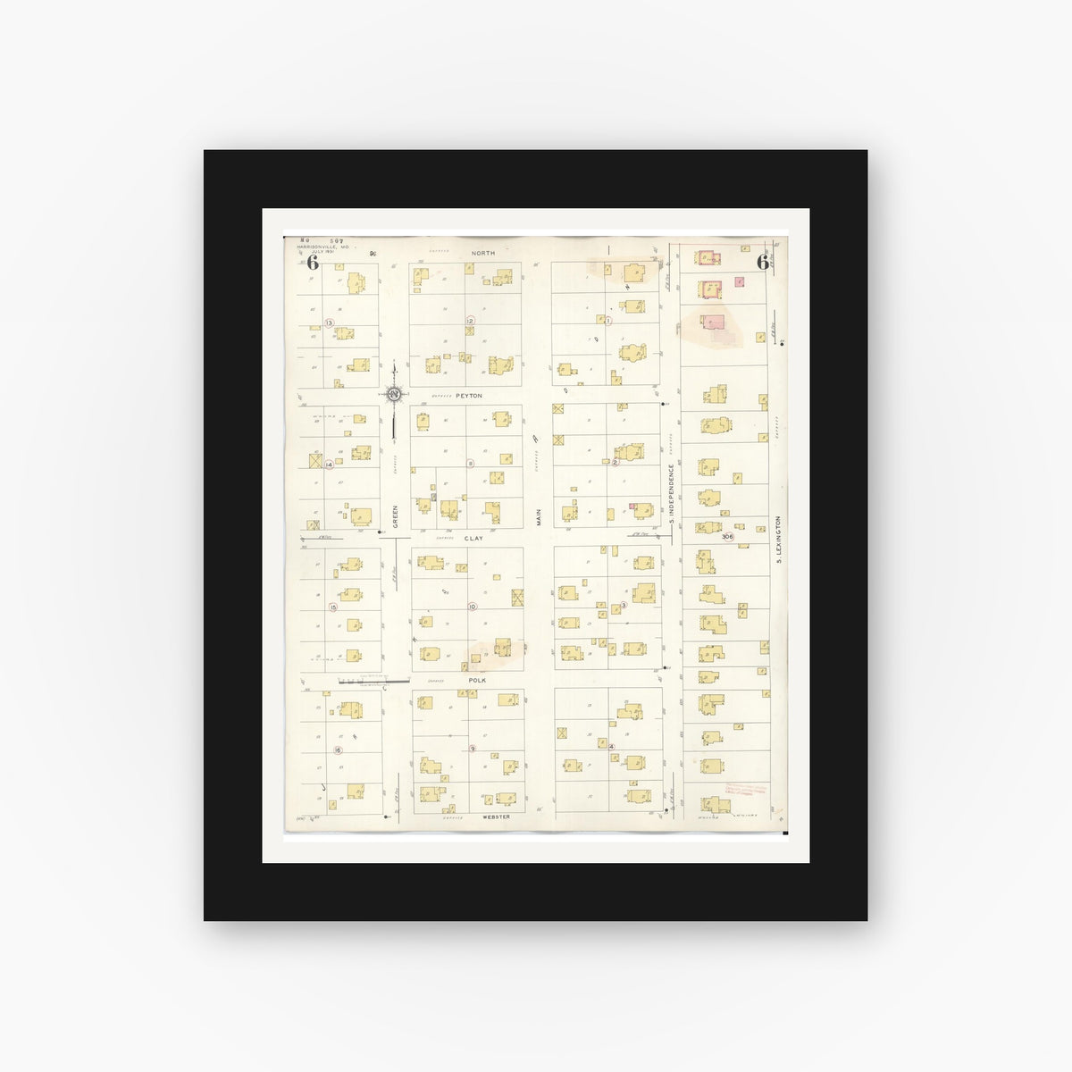 Old map wall art mockup — black gallery frame with white mat — Sanborn Fire Insurance Map from Harrisonville, Cass County, Missouri (1939), Sheet #0006