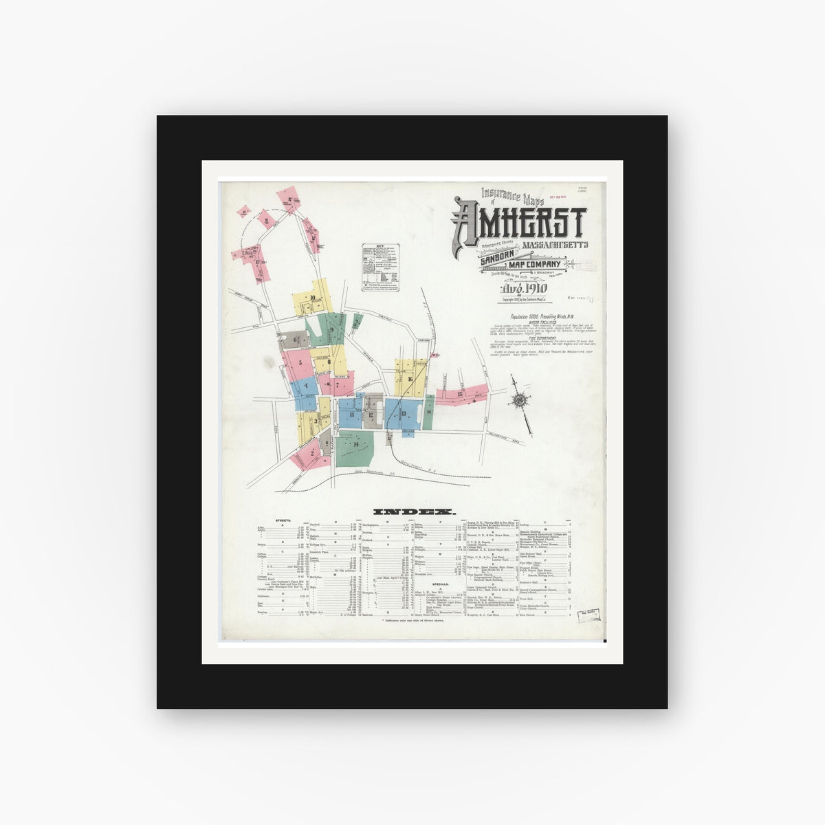 Old map wall art mockup — black gallery frame with white mat — Sanborn Fire Insurance Map from Amherst, Hampshire County, Massachusetts (1910), Sheet #0001