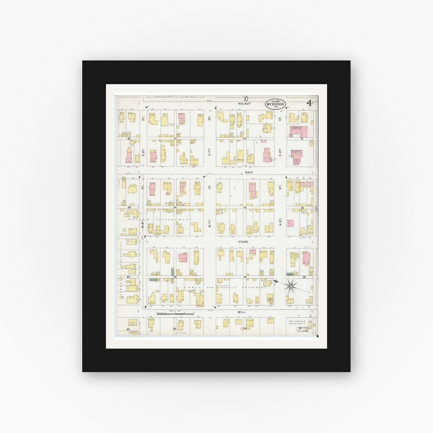 Old map wall art mockup — black gallery frame with white mat — Sanborn Fire Insurance Map from Mount Vernon, Posey County, Indiana (1899), Sheet #0004