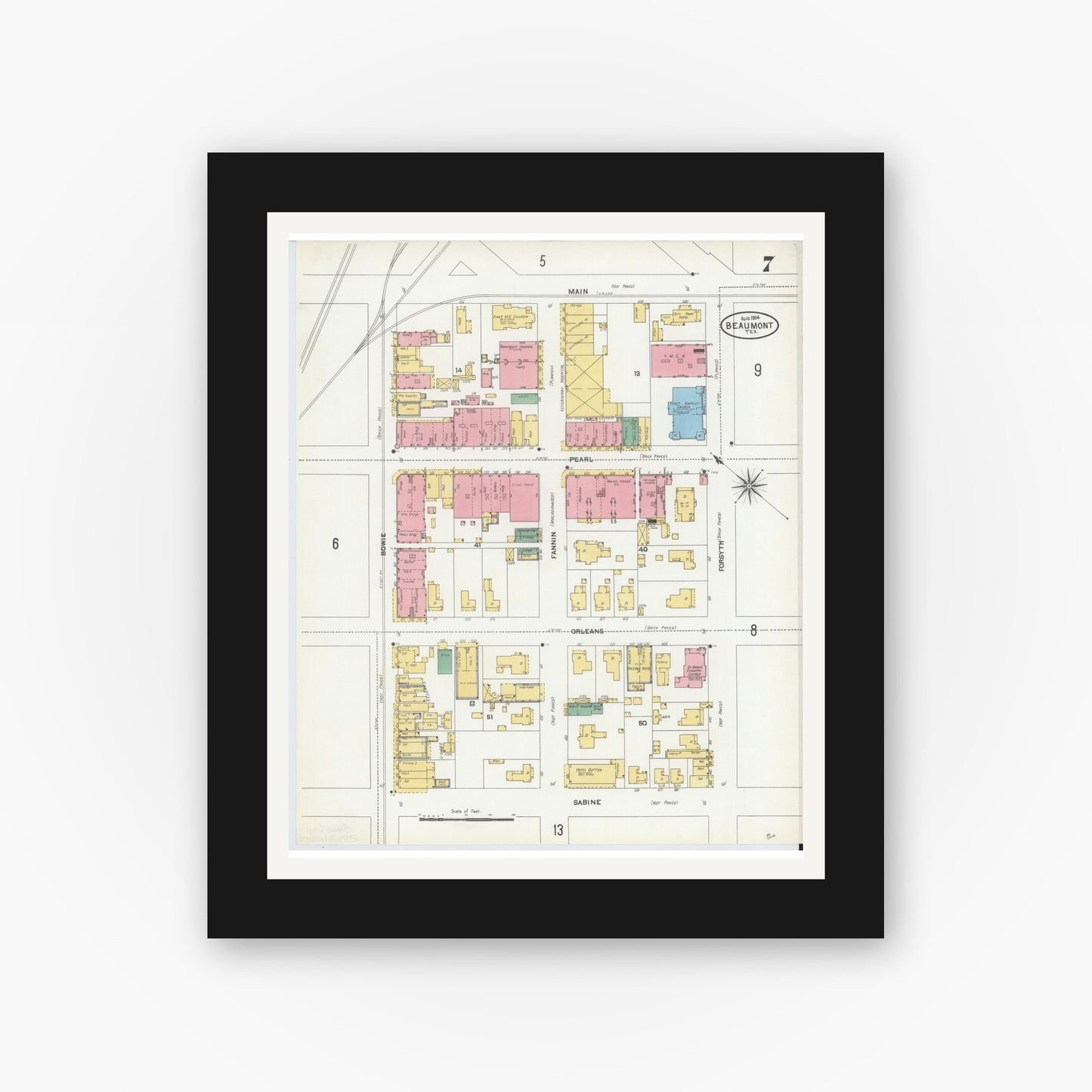 Old map wall art mockup — black gallery frame with white mat — Sanborn Fire Insurance Map from Beaumont, Jefferson County, Texas (1904), Sheet #0007