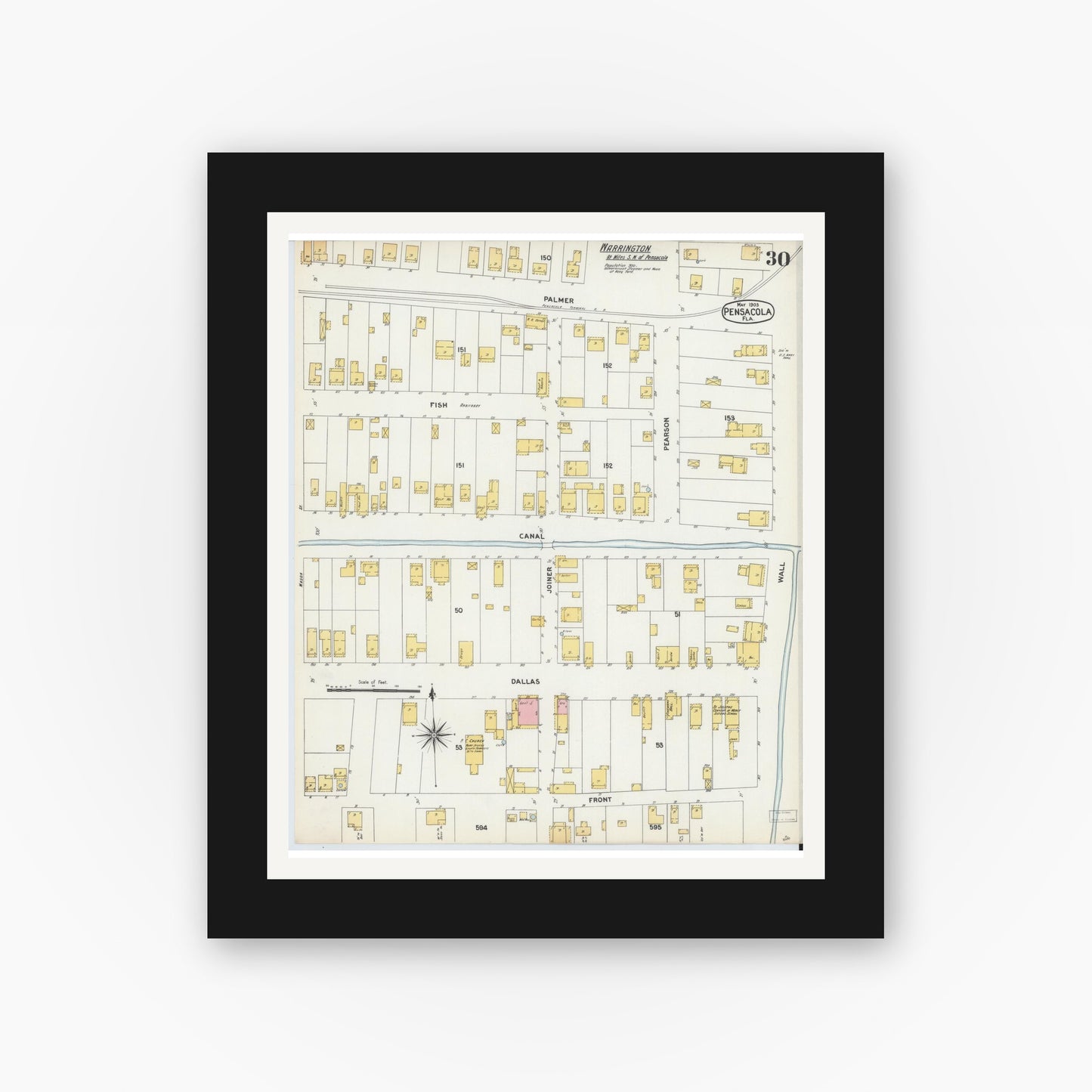 Old map wall art mockup — black gallery frame with white mat — Sanborn Fire Insurance Map from Pensacola, Escambia County, Florida (1903), Sheet #0030