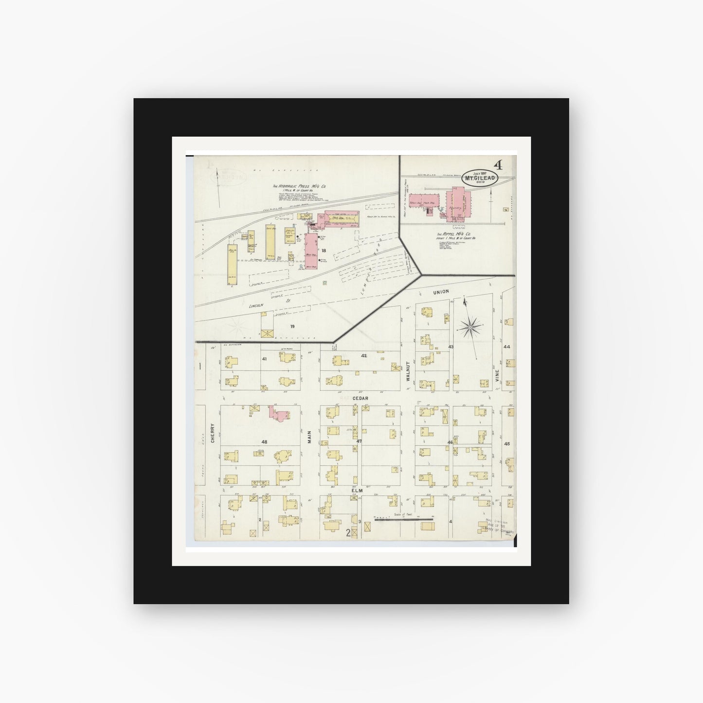 Old map wall art mockup — black gallery frame with white mat — Sanborn Fire Insurance Map from Mount Gilead, Morrow County, Ohio (1897), Sheet #0004
