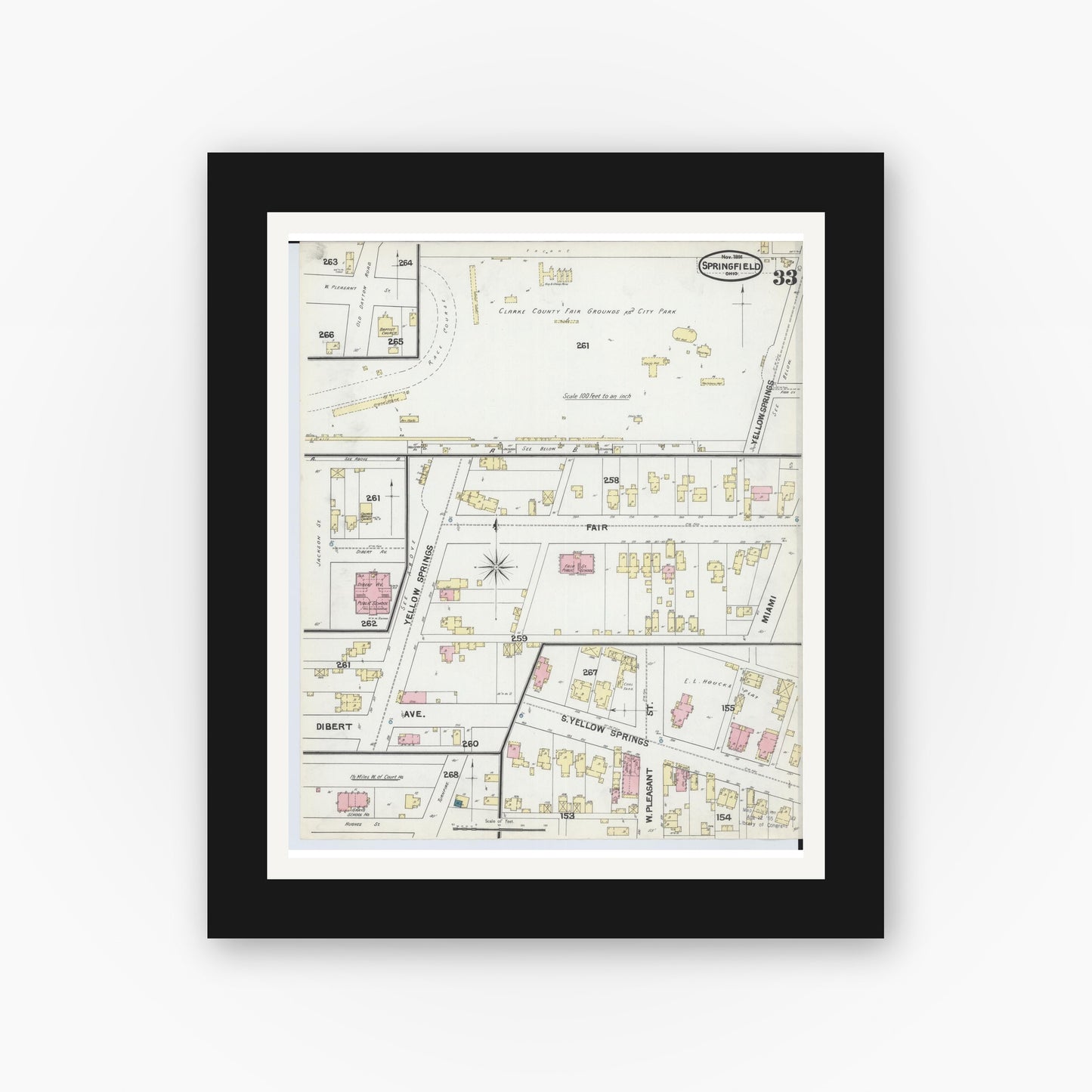 Old map wall art mockup — black gallery frame with white mat — Sanborn Fire Insurance Map from Springfield, Clark County, Ohio (1891), Sheet #0033