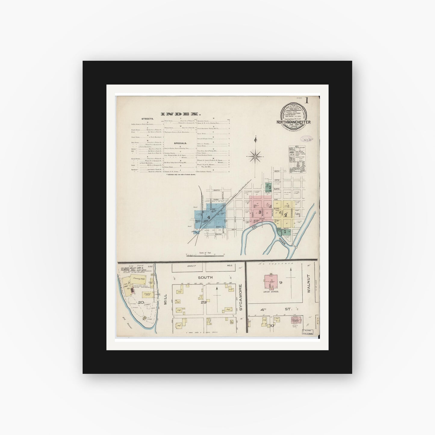 Old map wall art mockup — black gallery frame with white mat — Sanborn Fire Insurance Map from North Manchester, Wabash County, Indiana (1886), Sheet #0001