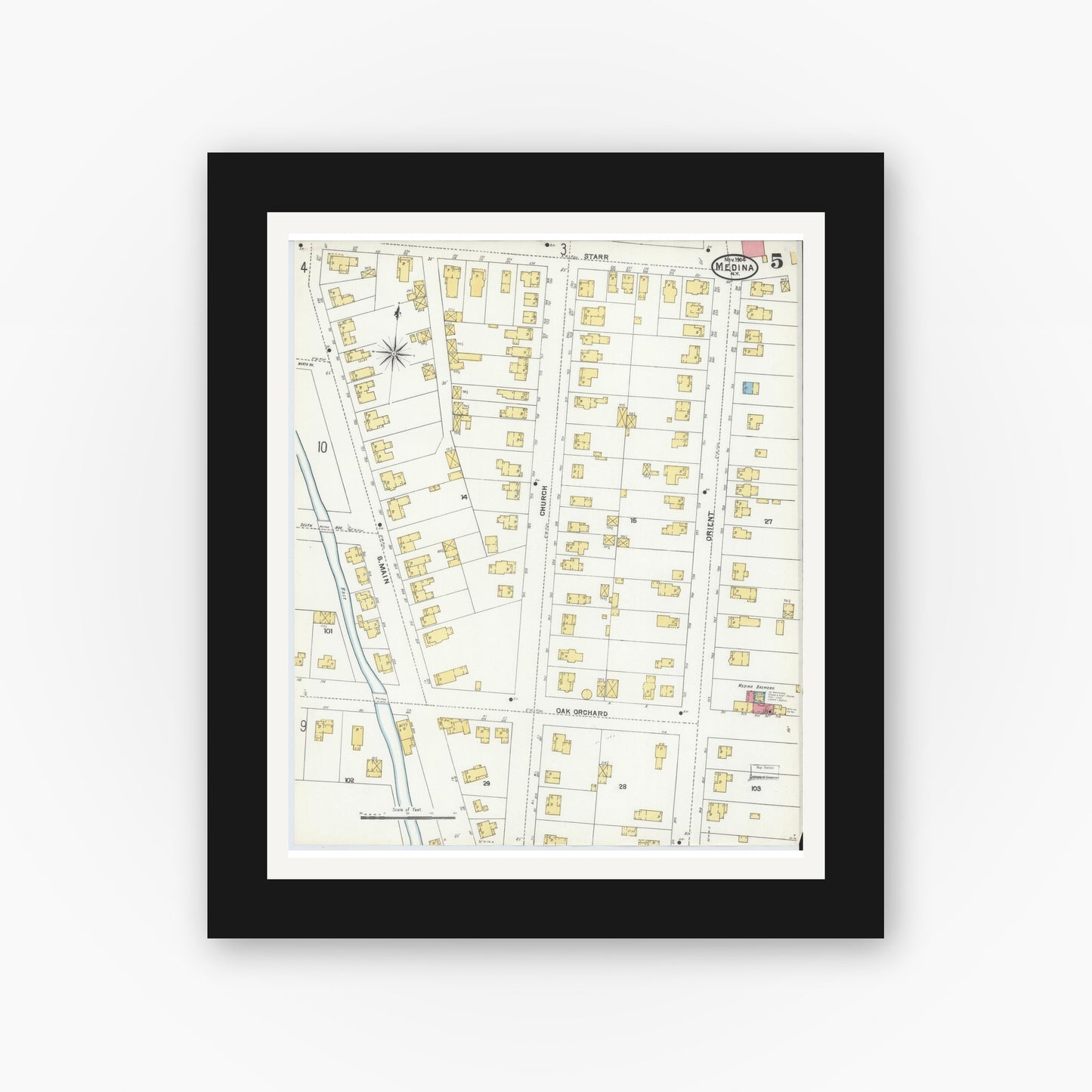 Old map wall art mockup — black gallery frame with white mat — Sanborn Fire Insurance Map from Medina, Orleans County, New York (1904), Sheet #0005