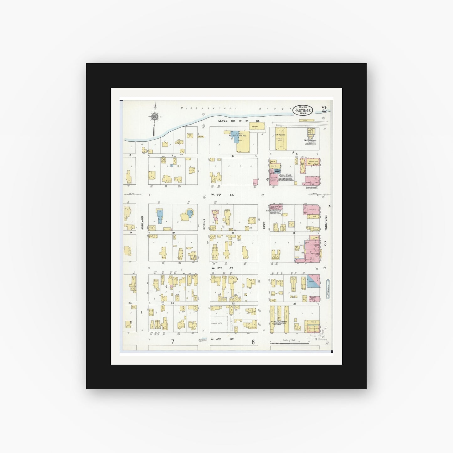 Old map wall art mockup — black gallery frame with white mat — Sanborn Fire Insurance Map from Hastings, Dakota County, Minnesota (1910), Sheet #0002