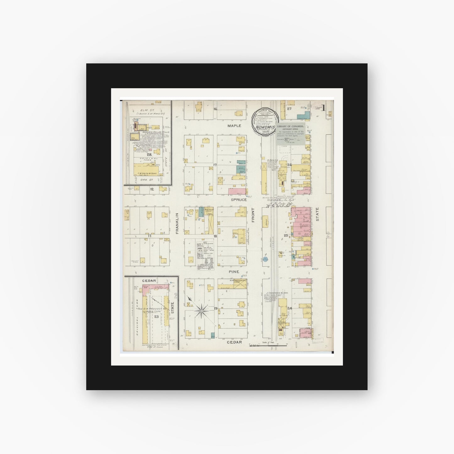 Old map wall art mockup — black gallery frame with white mat — Sanborn Fire Insurance Map from Nokomis, Montgomery County, Illinois (1893) - Complete Map Set