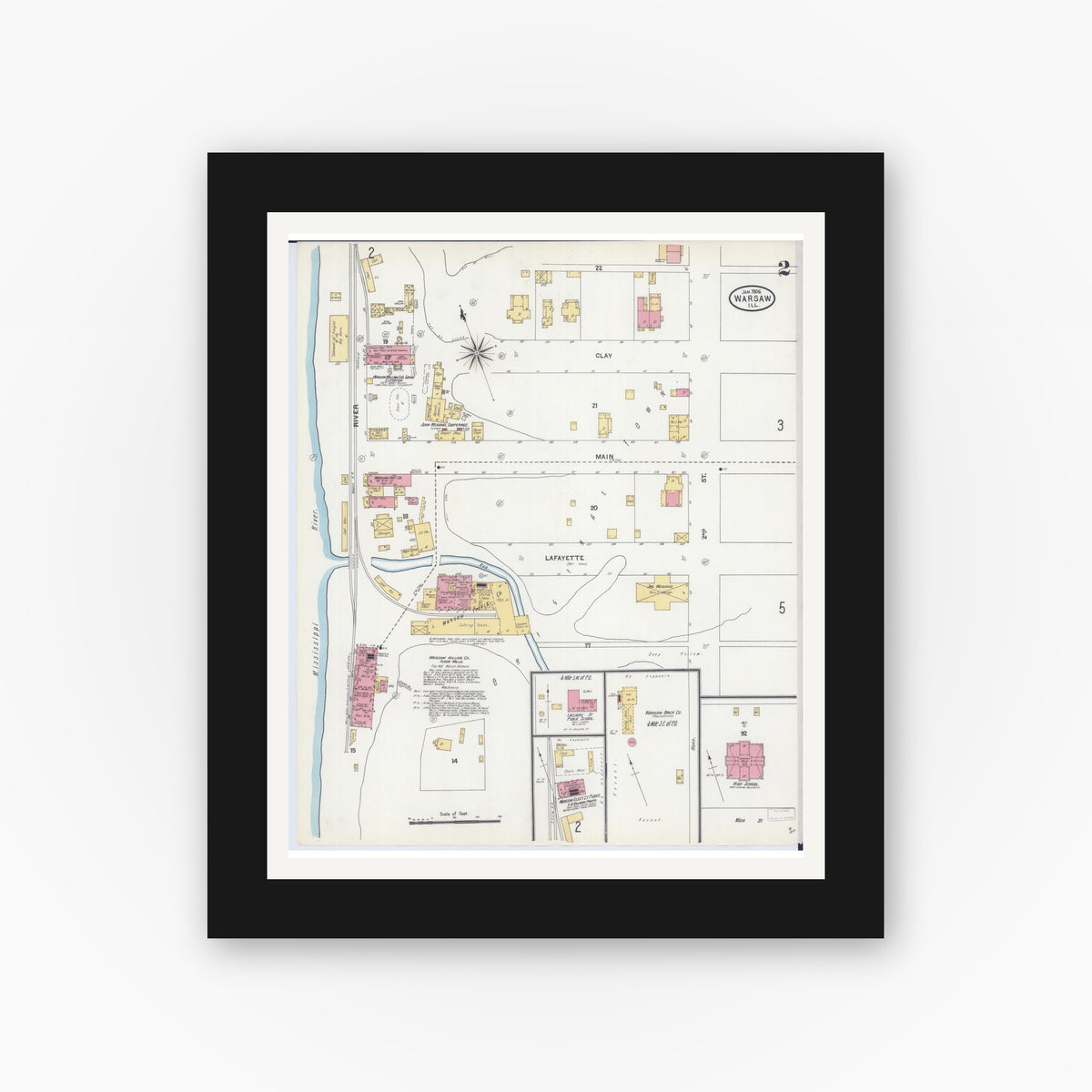 Old map wall art mockup — black gallery frame with white mat — Sanborn Fire Insurance Map from Warsaw, Hancock County, Illinois (1906), Sheet #0002