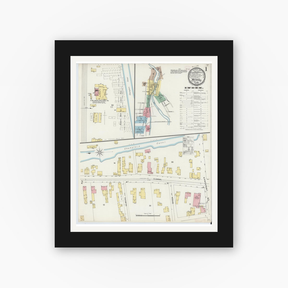Old map wall art mockup — black gallery frame with white mat — Sanborn Fire Insurance Map from Whitehall, Washington County, New York (1896), Sheet #0001