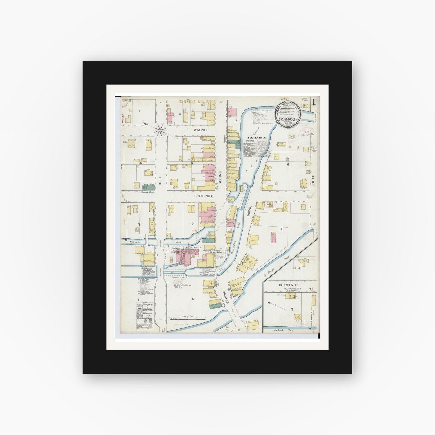Old map wall art mockup — black gallery frame with white mat — Sanborn Fire Insurance Map from Saint Marys, Auglaize County, Ohio (1892), Sheet #0001