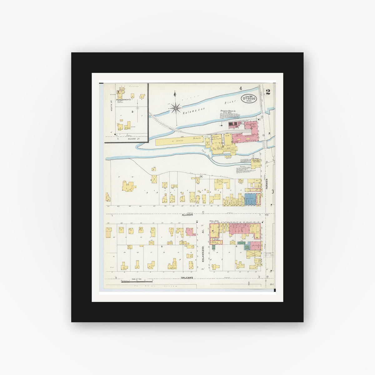 Old map wall art mockup — black gallery frame with white mat — Sanborn Fire Insurance Map from Otsego, Allegan County, Michigan (1906), Sheet #0002