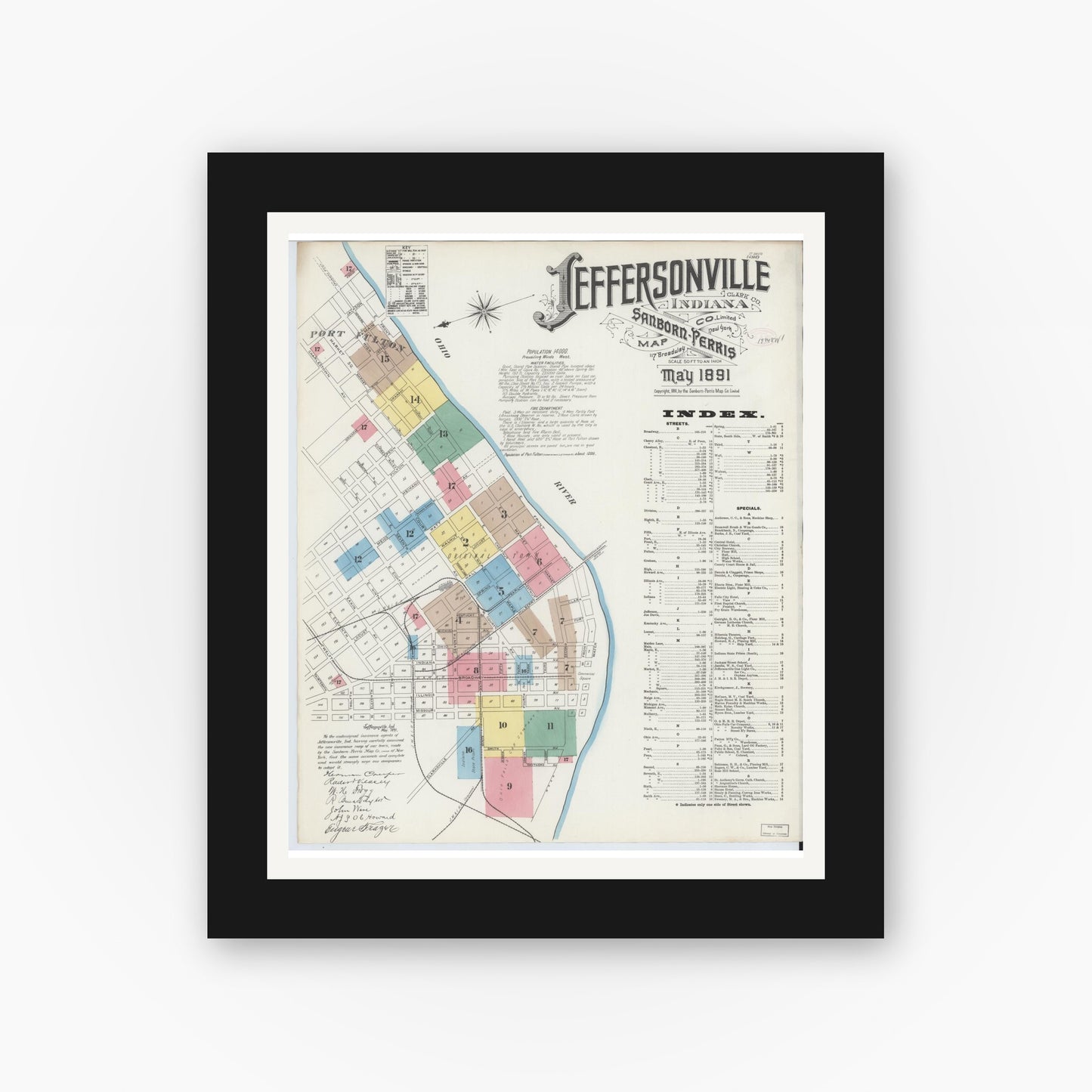 Old map wall art mockup — black gallery frame with white mat — Sanborn Fire Insurance Map from Jeffersonville, Clark County, Indiana (1891) - Complete Map Set