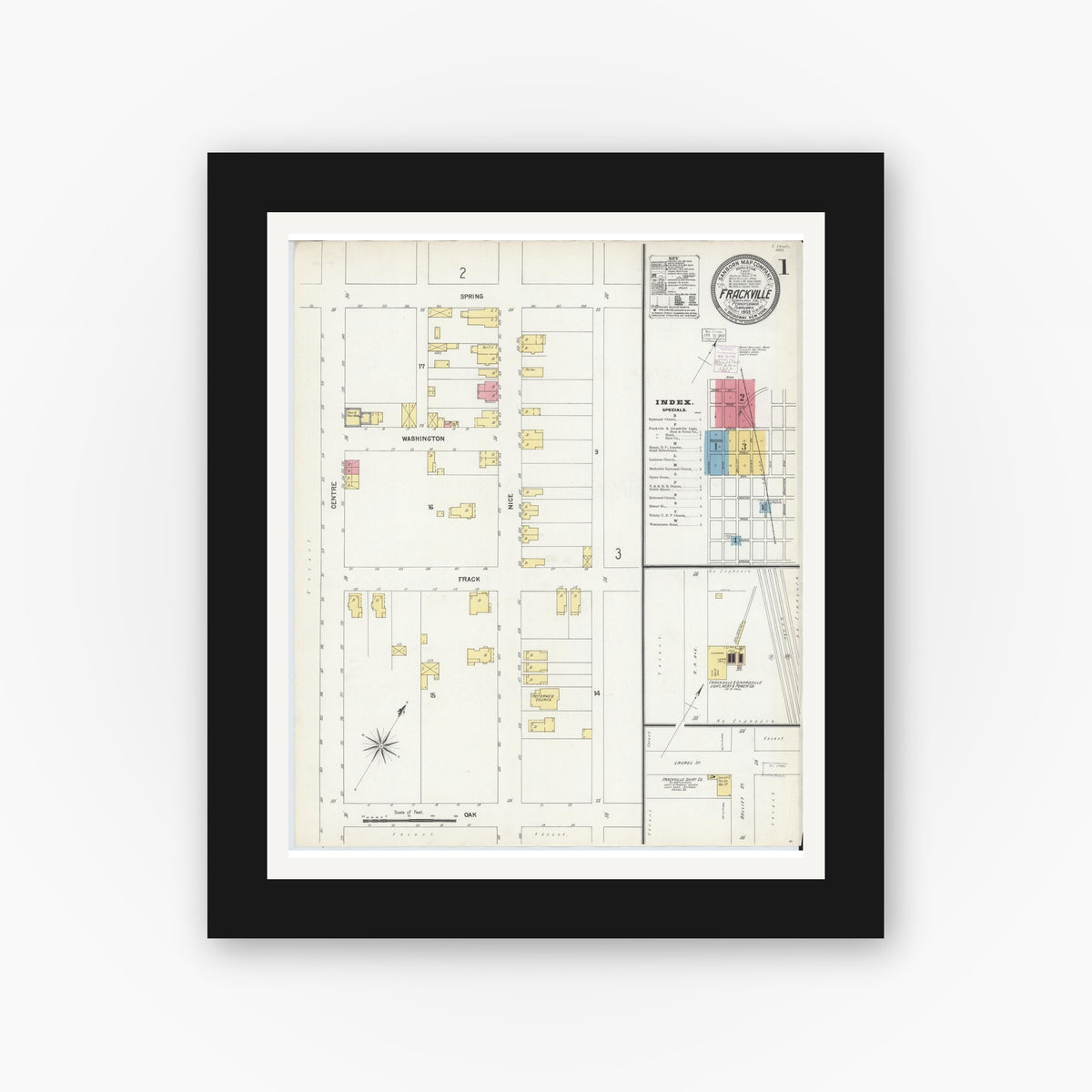 Old map wall art mockup — black gallery frame with white mat — Sanborn Fire Insurance Map from Frackville, Schuylkill County, Pennsylvania (1903), Sheet #0001