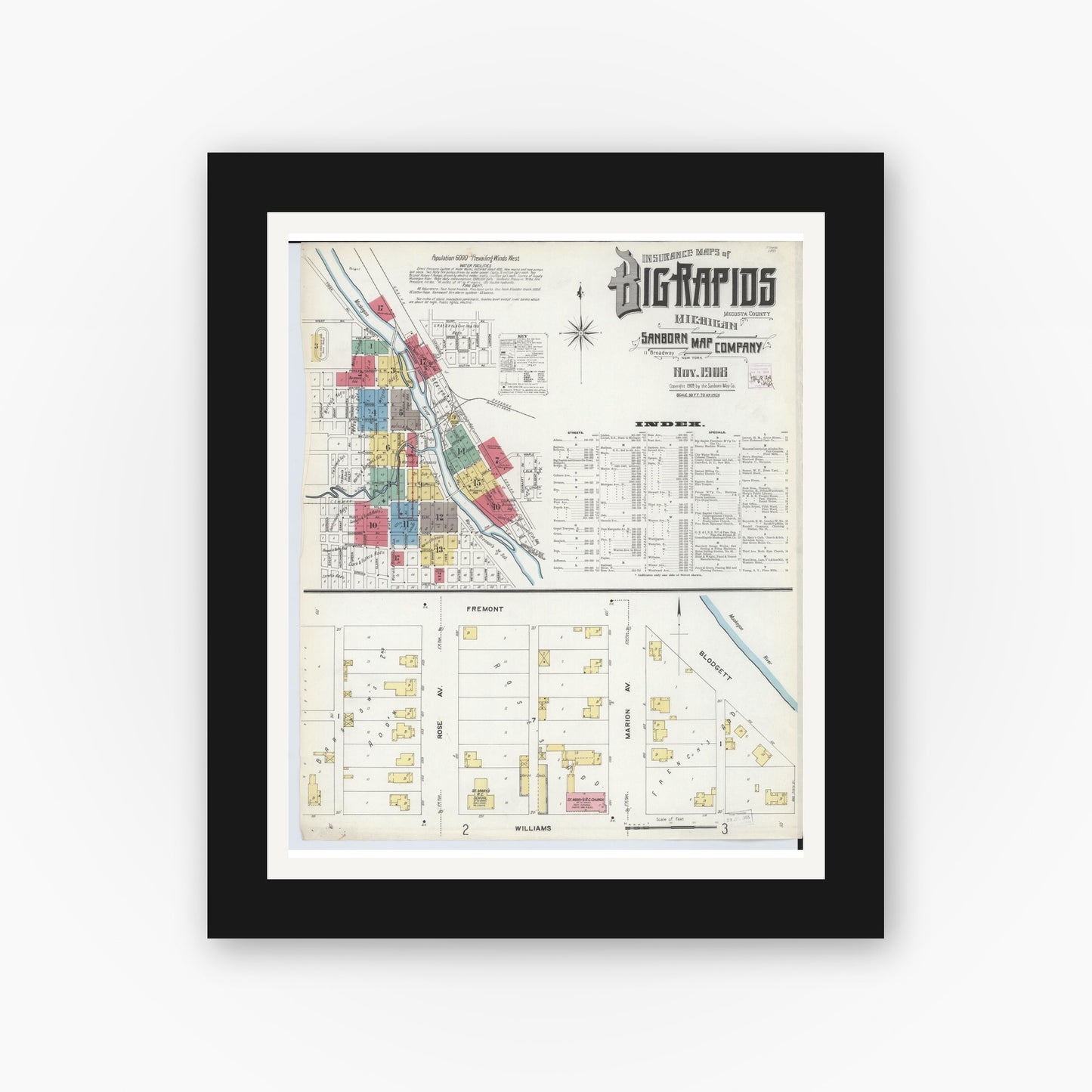 Old map wall art mockup — black gallery frame with white mat — Sanborn Fire Insurance Map from Big Rapids, Mecosta County, Michigan (1908) - Complete Map Set