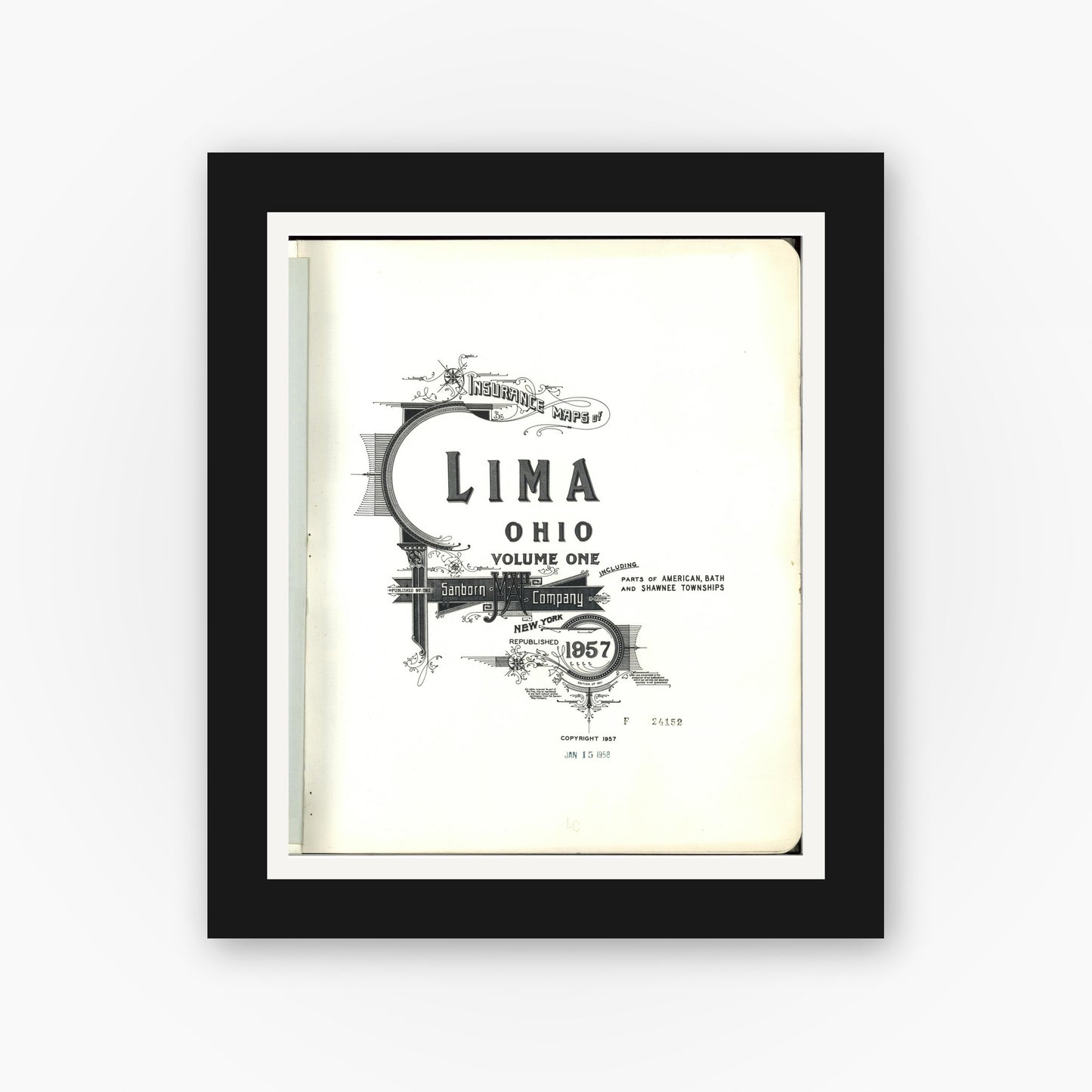 Old map wall art mockup — black gallery frame with white mat — Sanborn Fire Insurance Map from Lima, Allen County, Ohio (1957), Sheet #0001