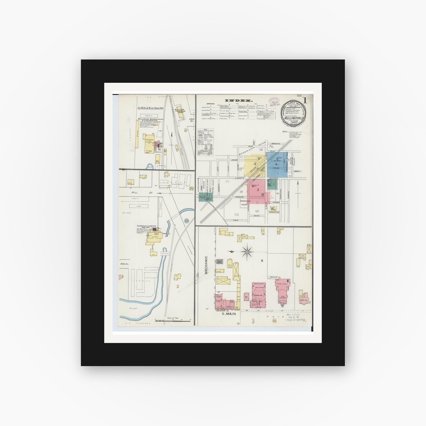 Old map wall art mockup — black gallery frame with white mat — Sanborn Fire Insurance Map from Wellington, Lorain County, Ohio (1893), Sheet #0001