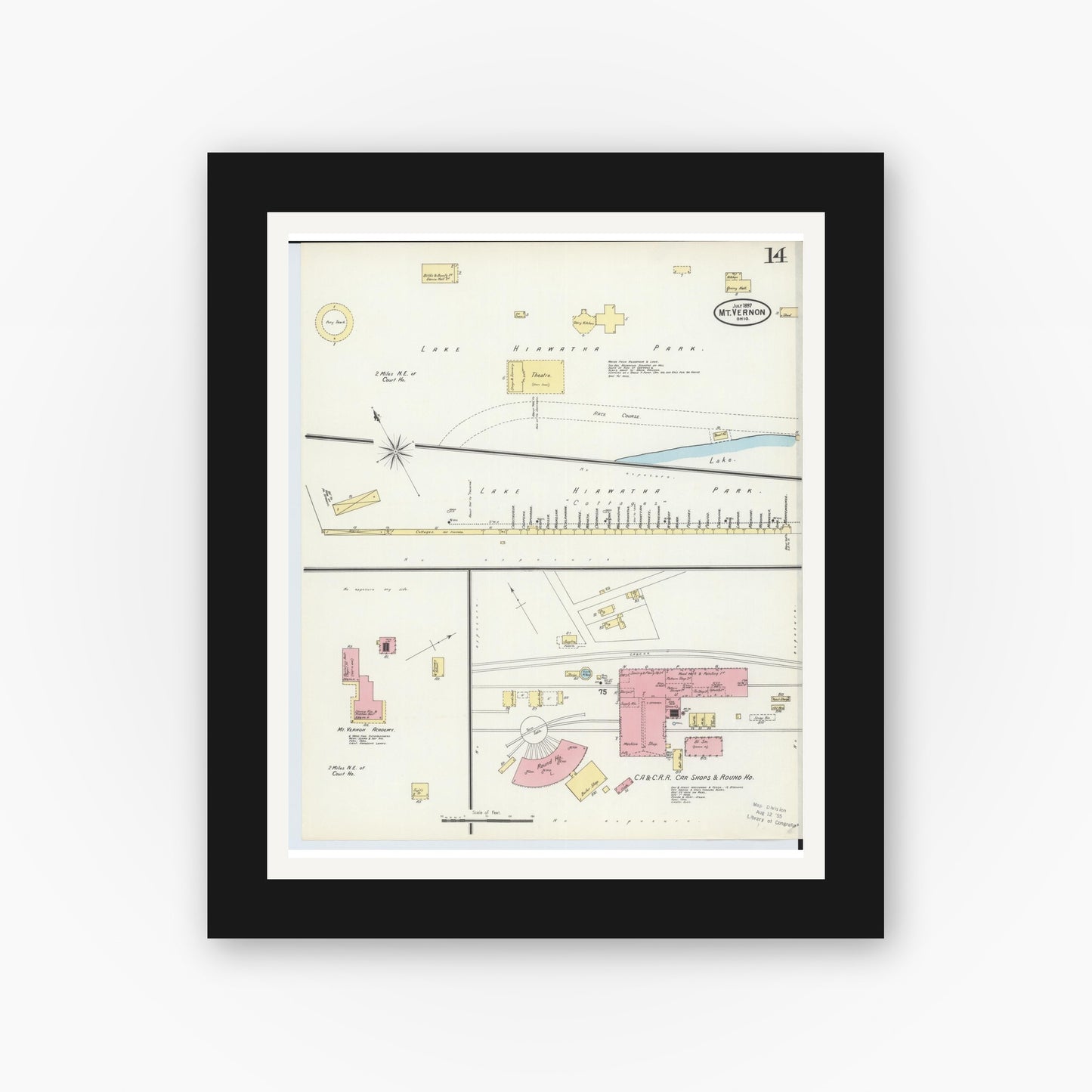Old map wall art mockup — black gallery frame with white mat — Sanborn Fire Insurance Map from Mount Vernon, Knox County, Ohio (1897), Sheet #0014