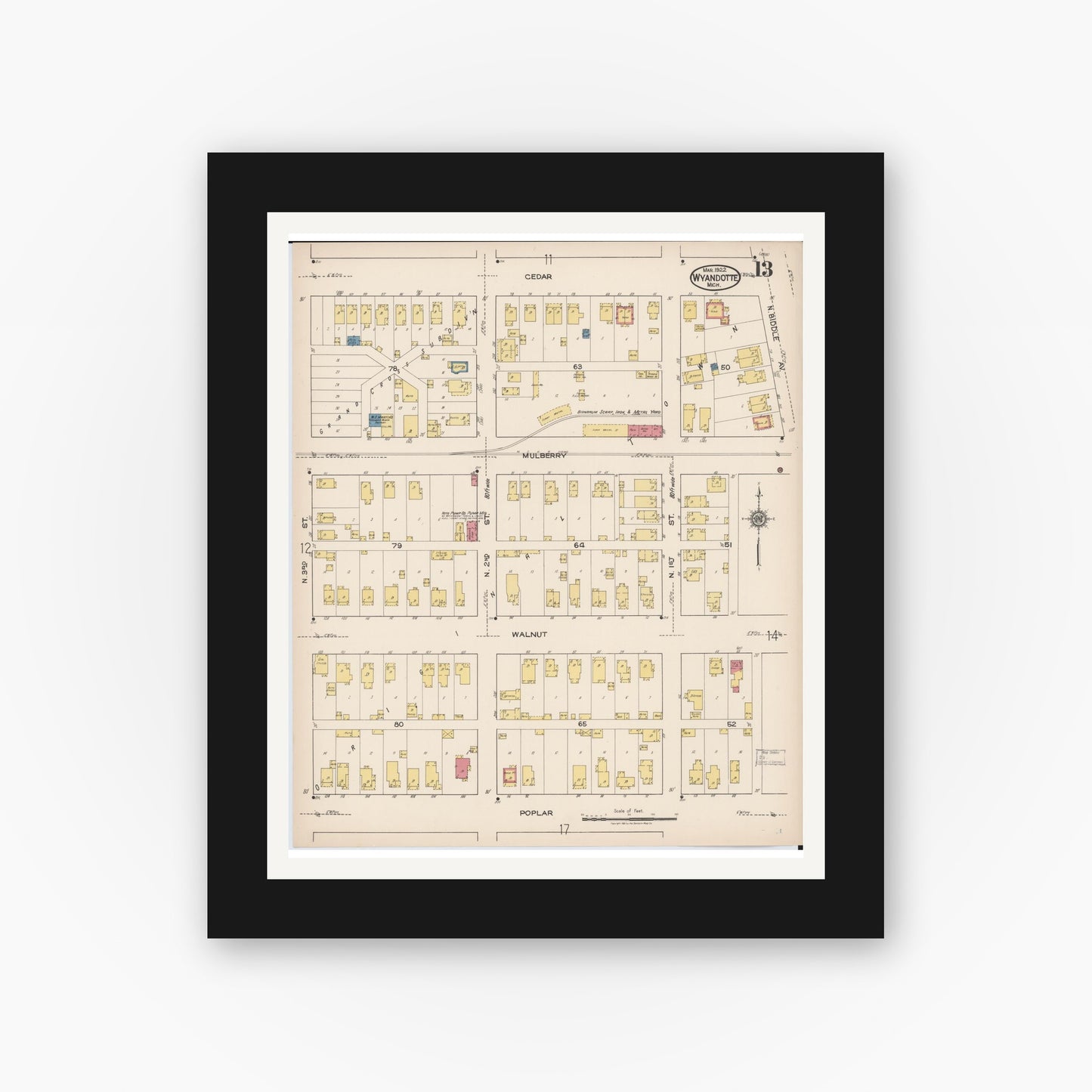 Old map wall art mockup — black gallery frame with white mat — Sanborn Fire Insurance Map from Wyandotte, Wayne County, Michigan (1922), Sheet #0013